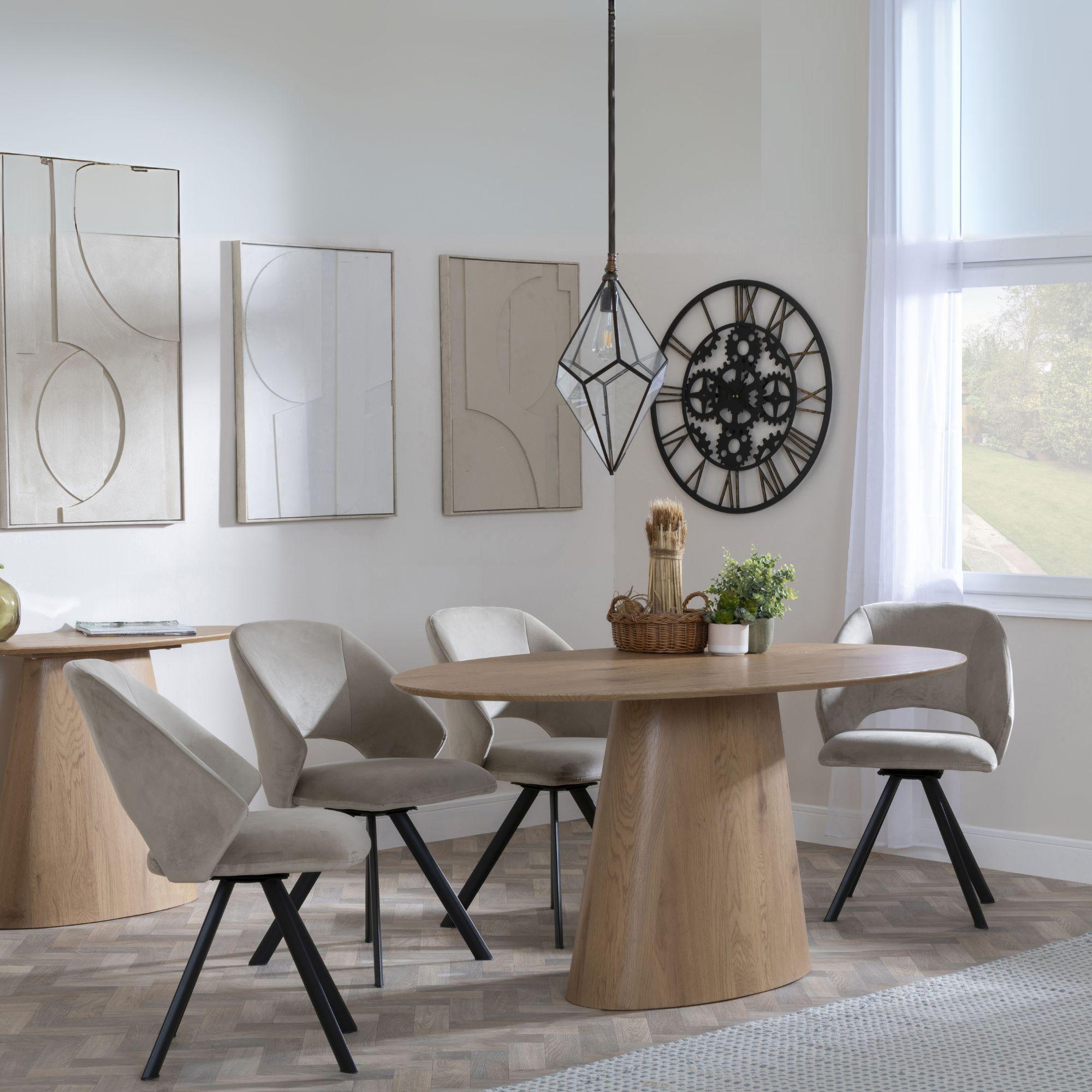 Palma Dining Set - 6 Seater - 180cm - Oval - Oak - Ion Dining Chairs - Beige Velvet Fabric - Swivel