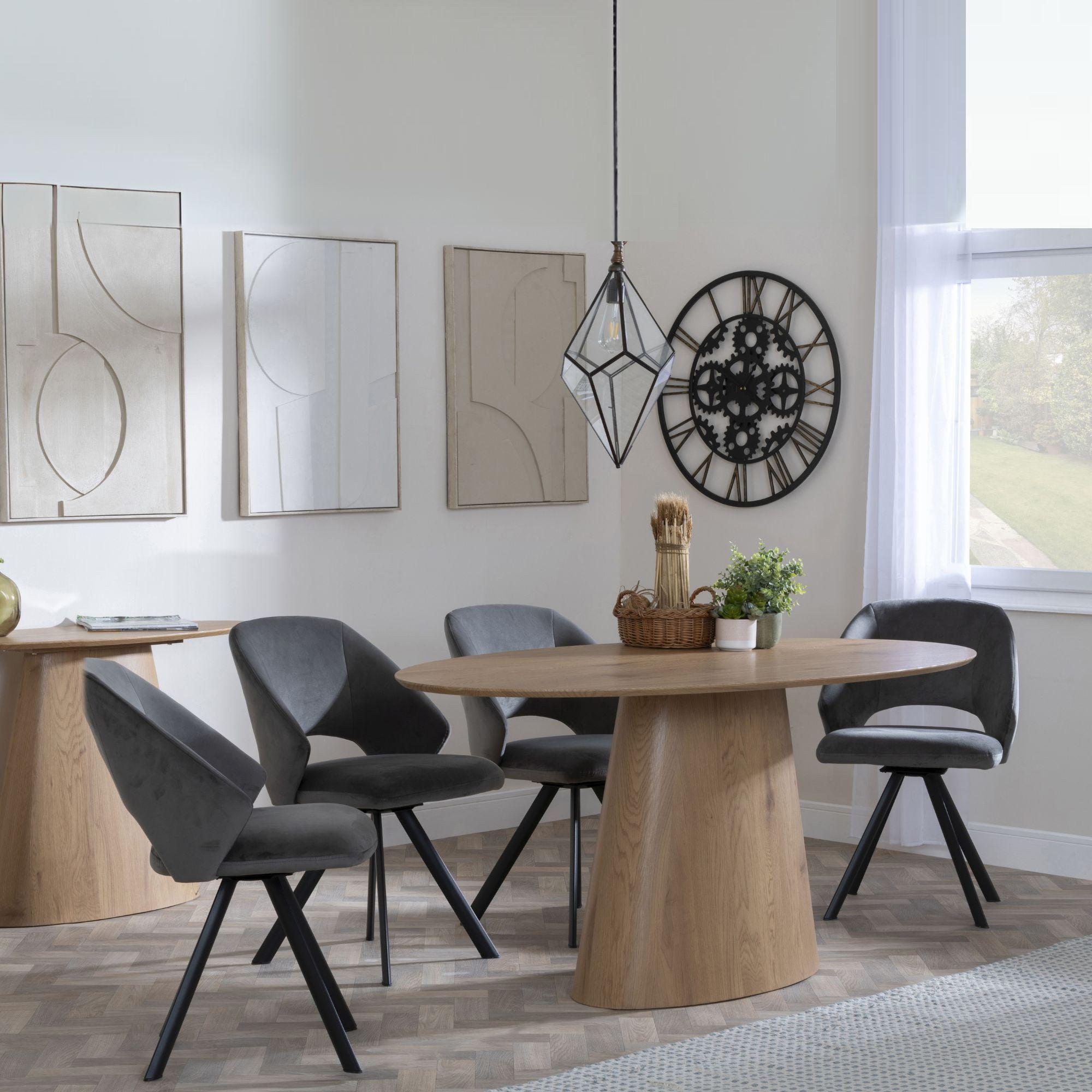 Palma Dining Set - 6 Seater - 180cm - Oval - Oak - Ion Dining Chairs - Dark Grey Velvet Fabric - Swivel