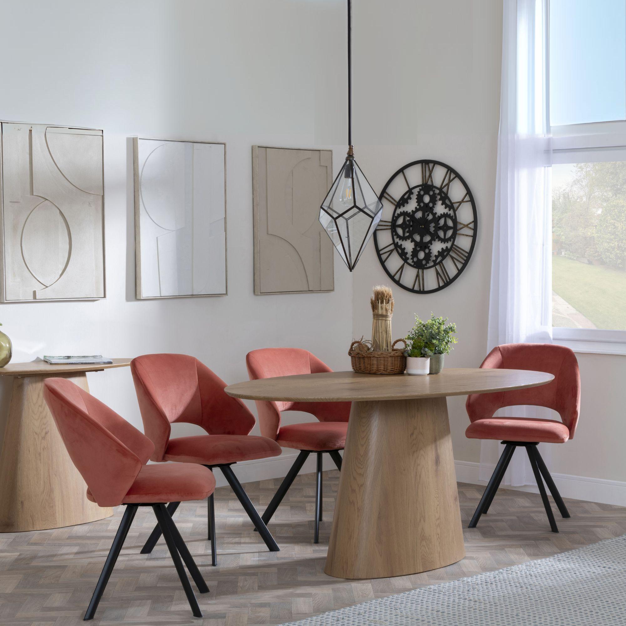 Palma Dining Set - 6 Seater - 180cm - Oval - Oak - Ion Dining Chairs - Orange Velvet Fabric - Swivel