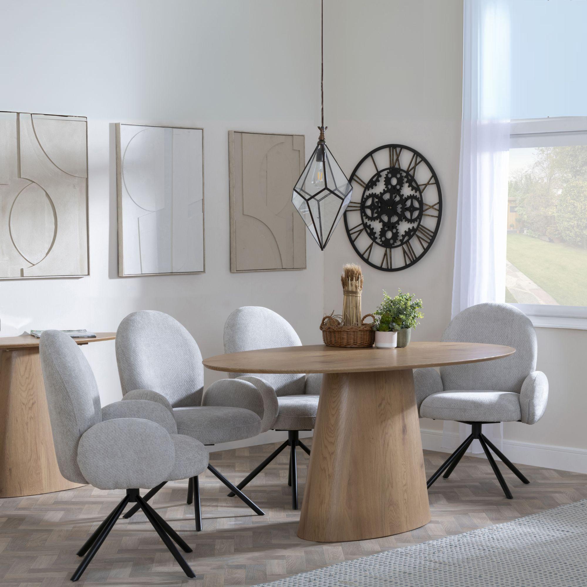 Palma Dining Set - 6 Seater - 180cm - Oval - Oak - Theo Dining Chairs - Grey Fabric - Swivel
