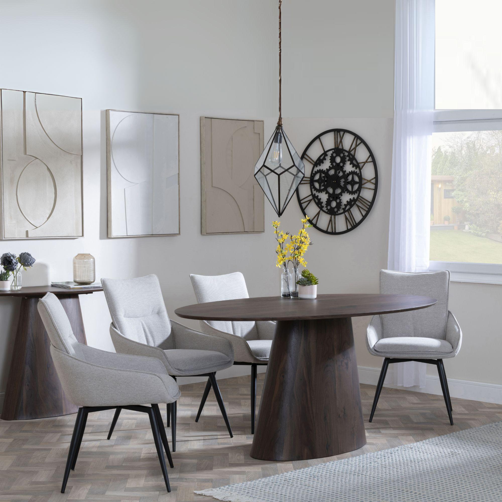 Palma Dining Set - 6 Seater - 180cm - Oval - Walnut - Ace Dining Chairs - Beige Fabric - Swivel