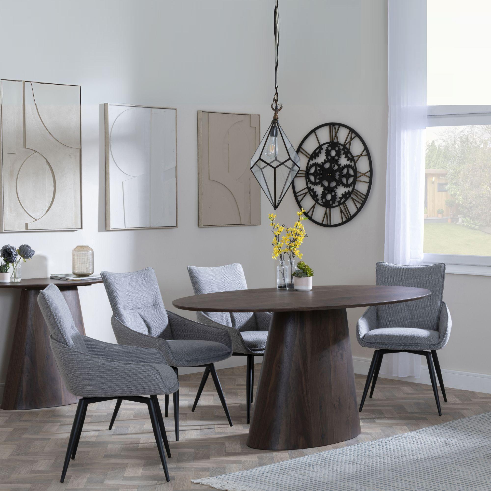 Palma Dining Set - 6 Seater - 180cm - Oval - Walnut - Ace Dining Chairs - Grey Fabric - Swivel