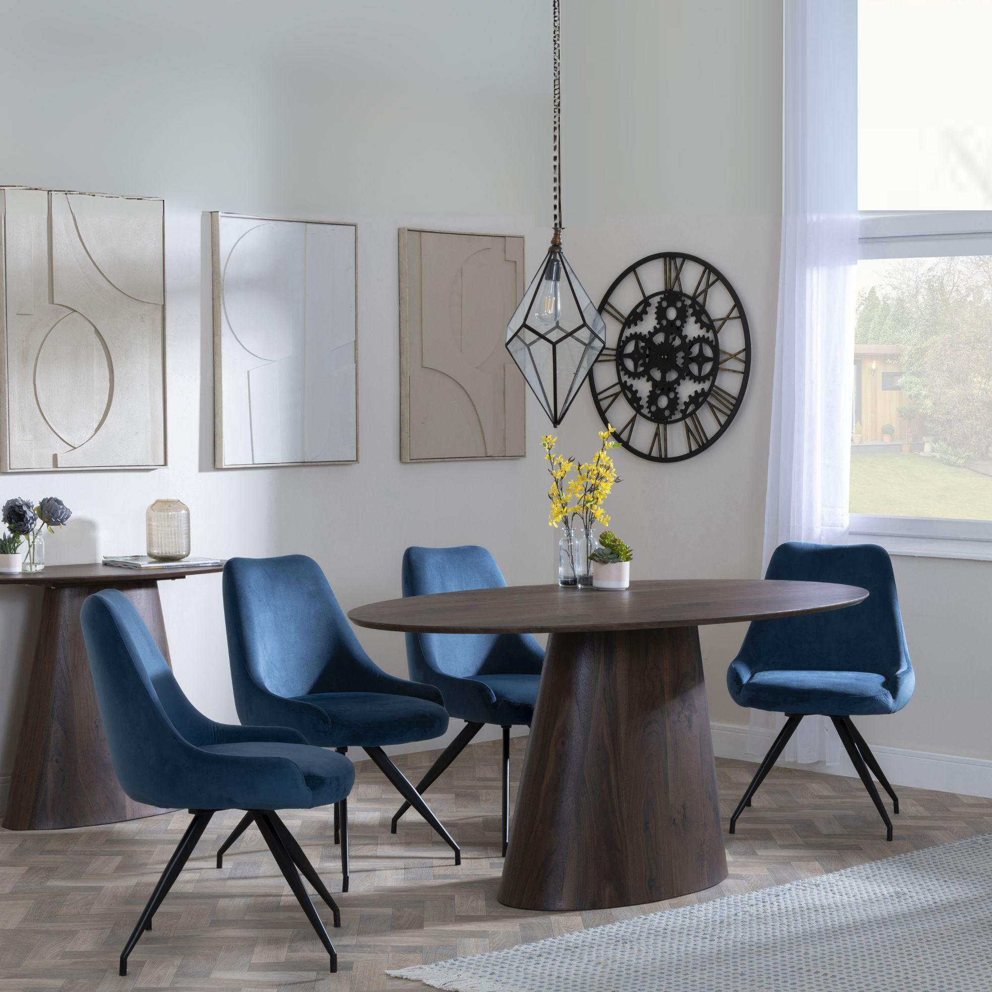 Palma Dining Set - 6 Seater - 180cm - Oval - Walnut - Arctic Dining Chairs - Blue Velvet Fabric - Swivel