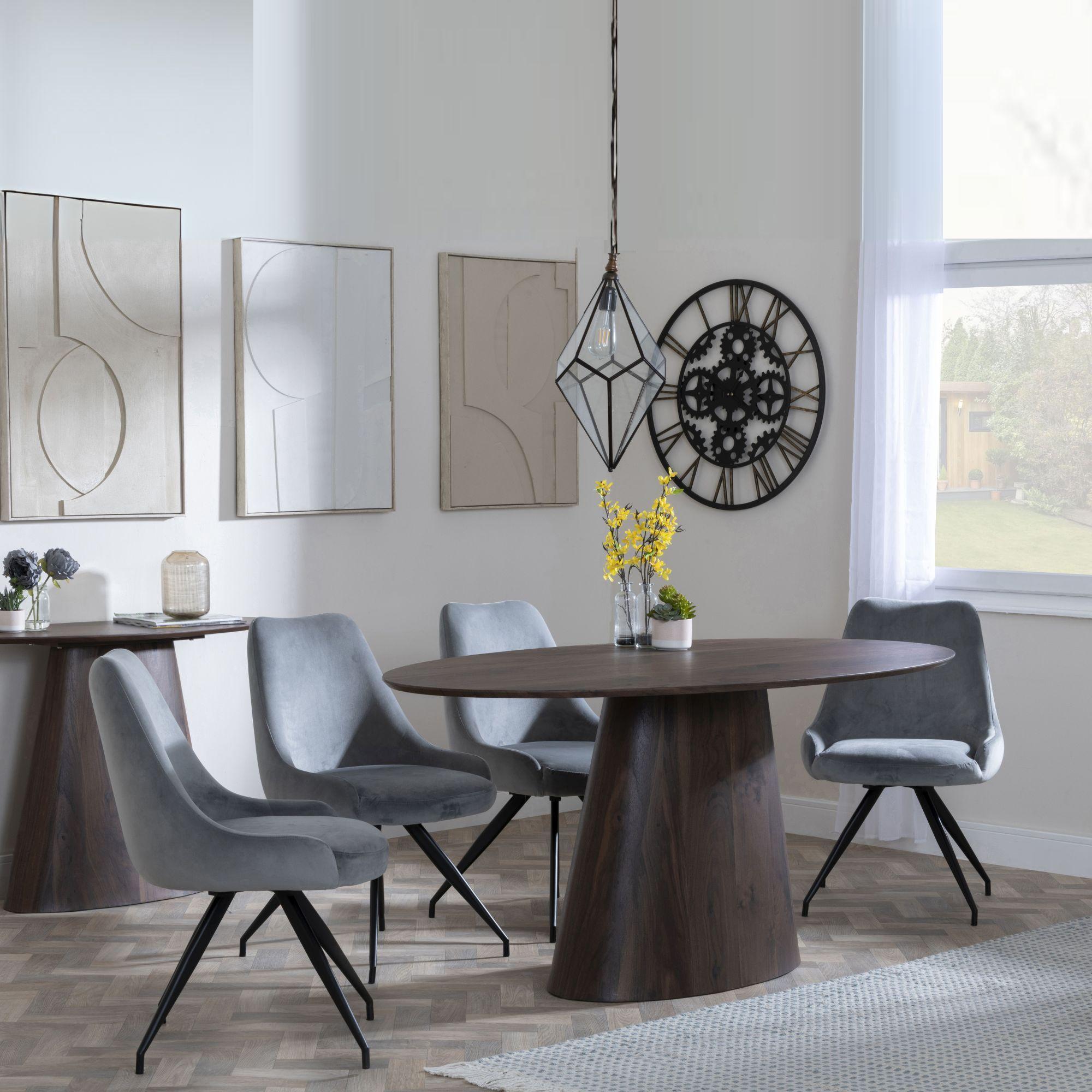 Palma Dining Set - 6 Seater - 180cm - Oval - Walnut - Arctic Dining Chairs - Grey Velvet Fabric - Swivel