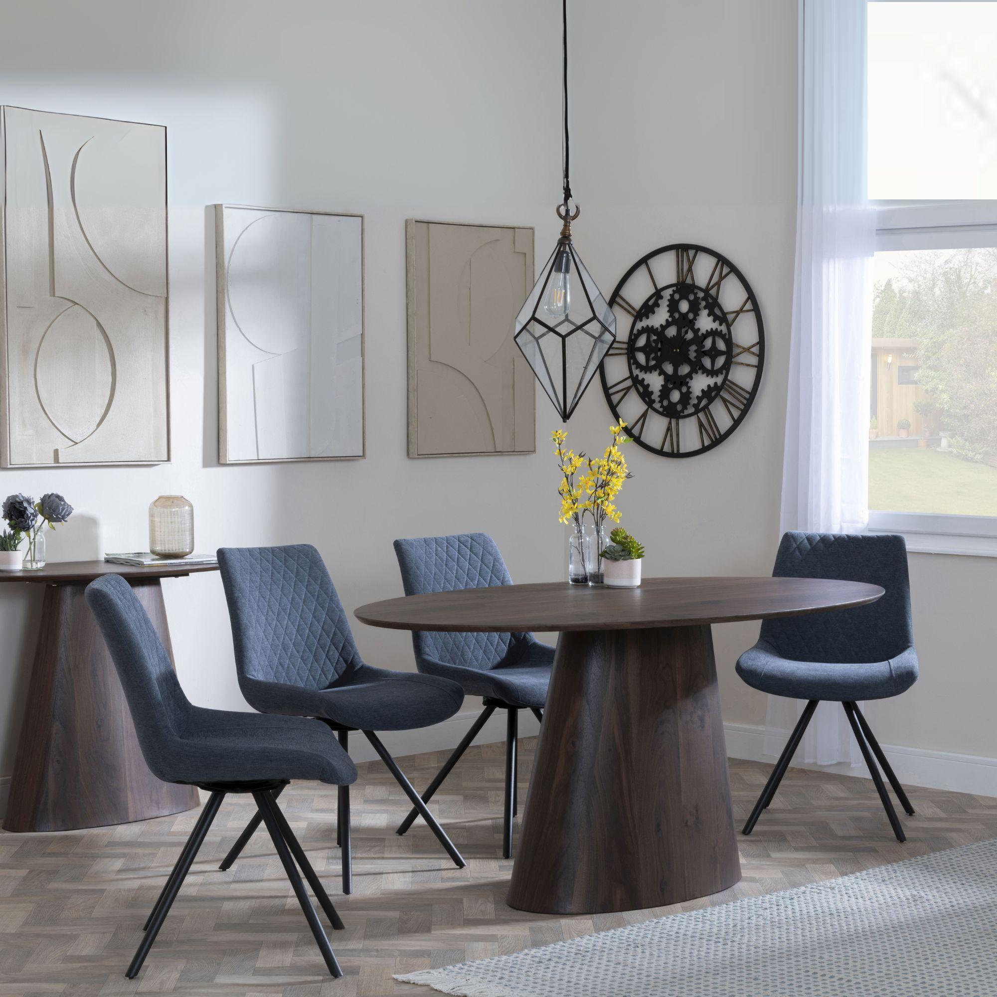 Palma Dining Set - 6 Seater - 180cm - Oval - Walnut - Boden Dining Chairs - Dark Grey Fabric - Swivel