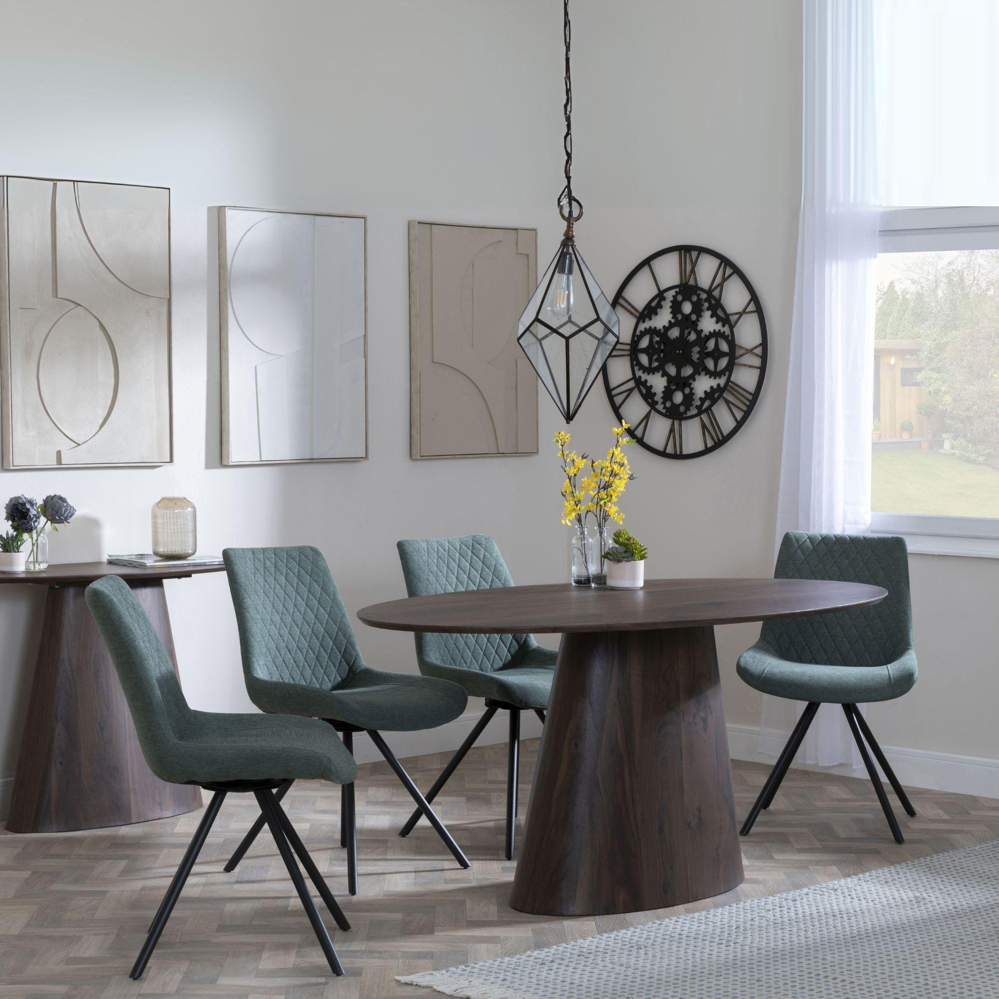 Palma Dining Set - 6 Seater - 180cm - Oval - Walnut - Boden Dining Chairs - Green Fabric - Swivel