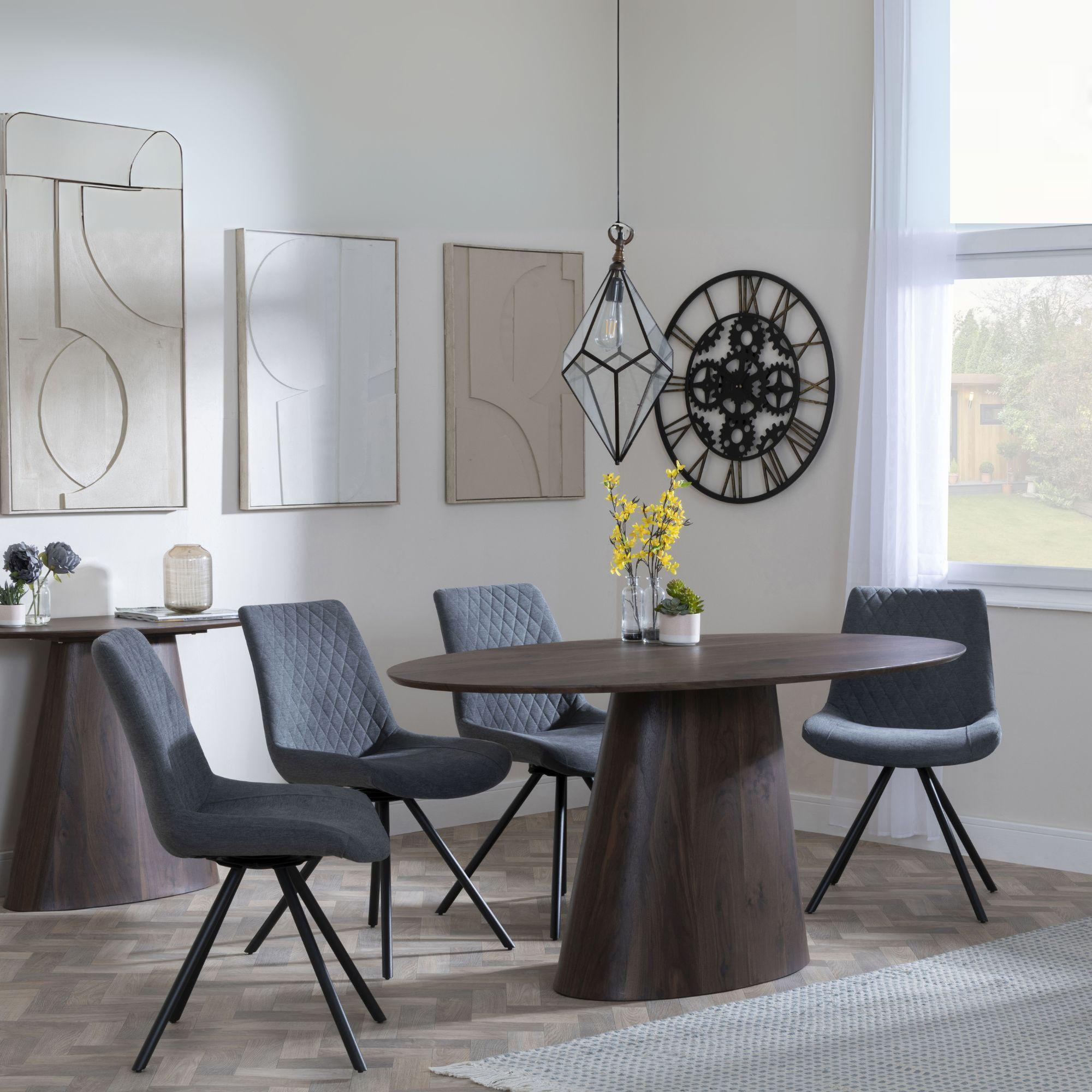 Palma Dining Set - 6 Seater - 180cm - Oval - Walnut - Boden Dining Chairs - Grey Fabric - Swivel