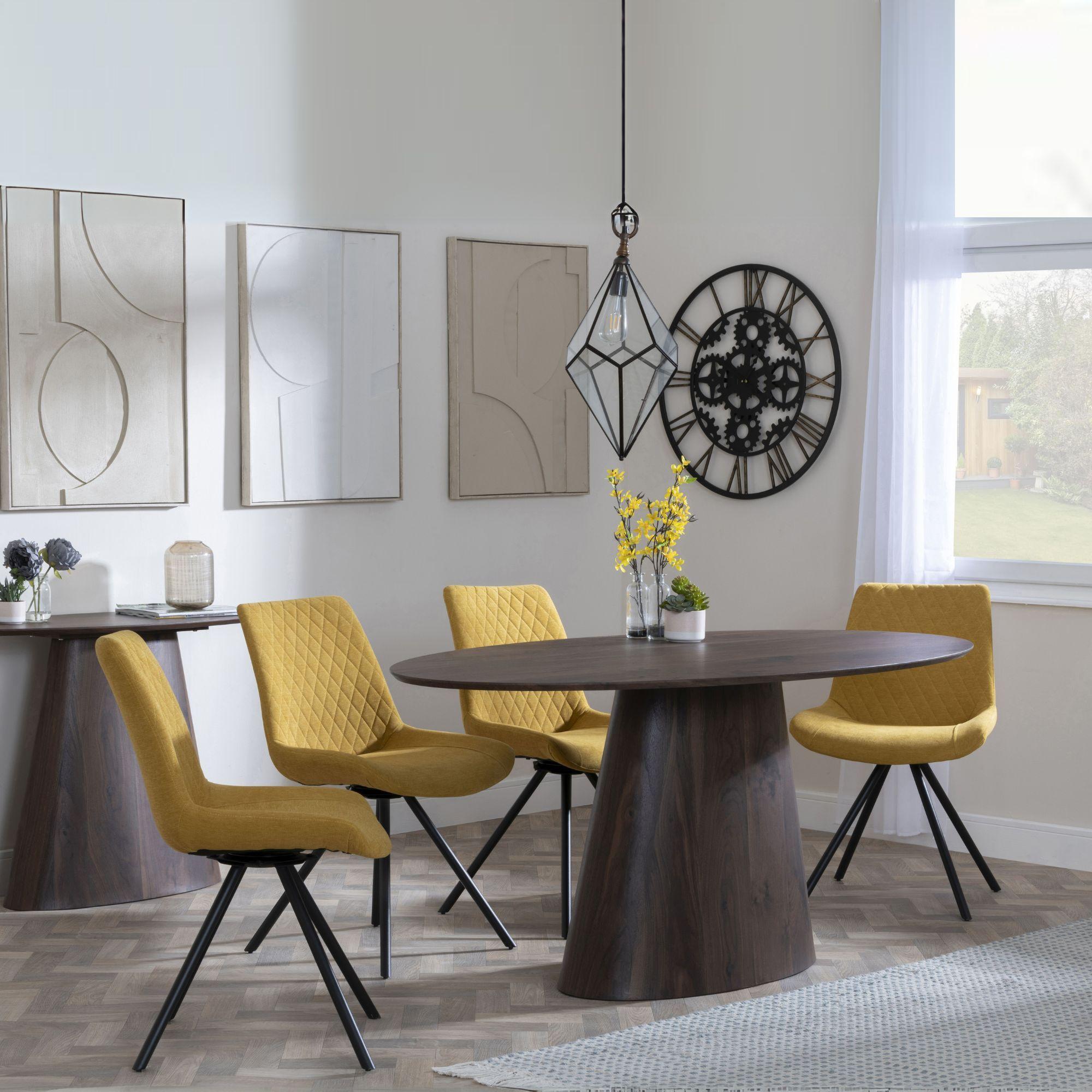 Palma Dining Set - 6 Seater - 180cm - Oval - Walnut - Boden Dining Chairs - Yellow Fabric - Swivel