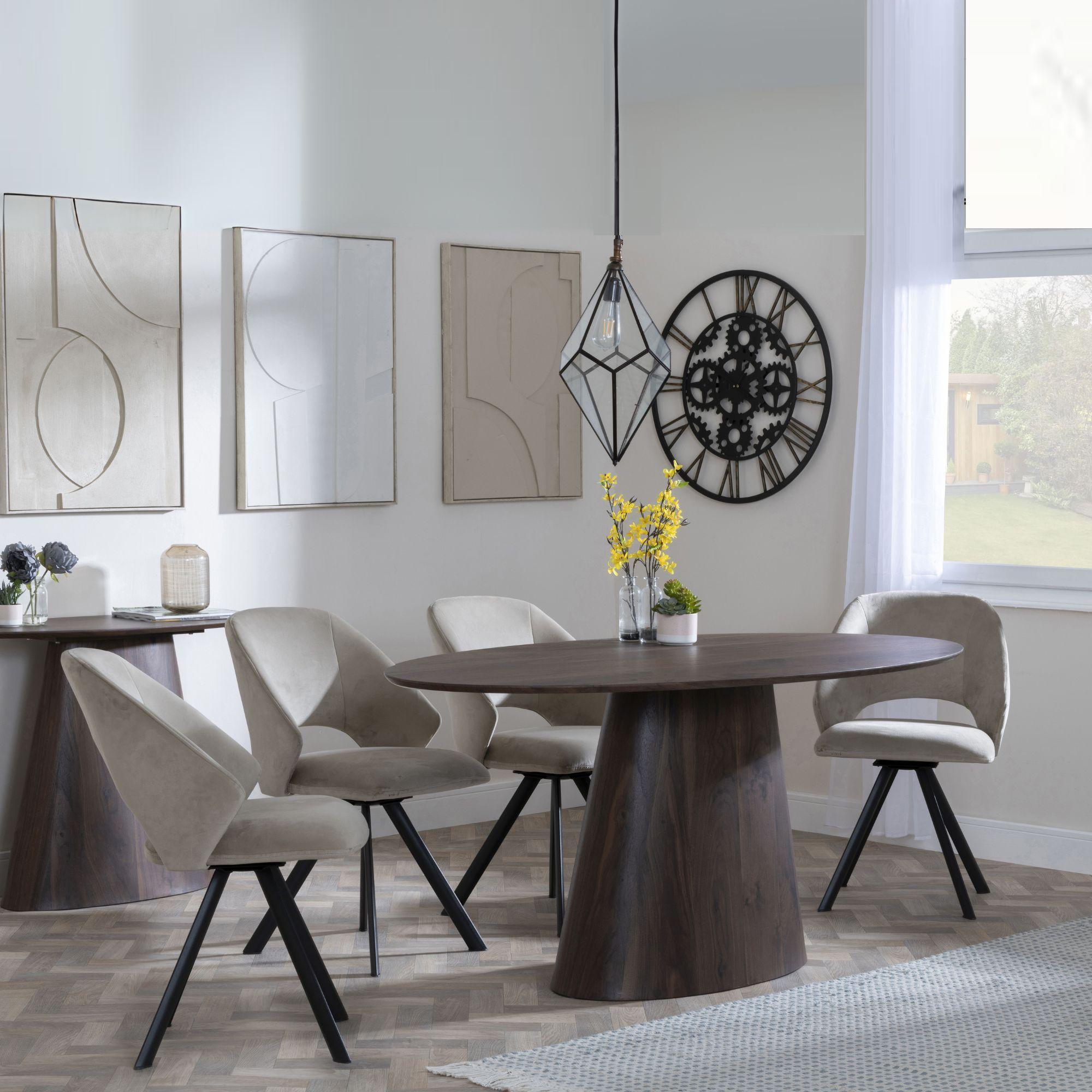 Palma Dining Set - 6 Seater - 180cm - Oval - Walnut - Ion Dining Chairs - Beige Velvet Fabric - Swivel