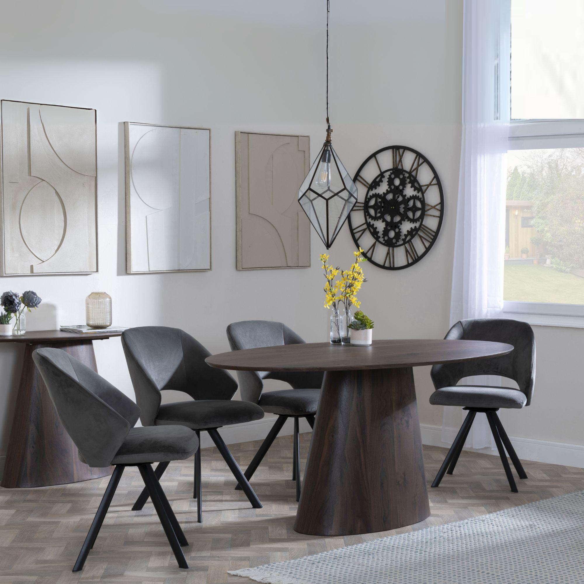 Palma Dining Set - 6 Seater - 180cm - Oval - Walnut - Ion Dining Chairs - Dark Grey Velvet Fabric - Swivel
