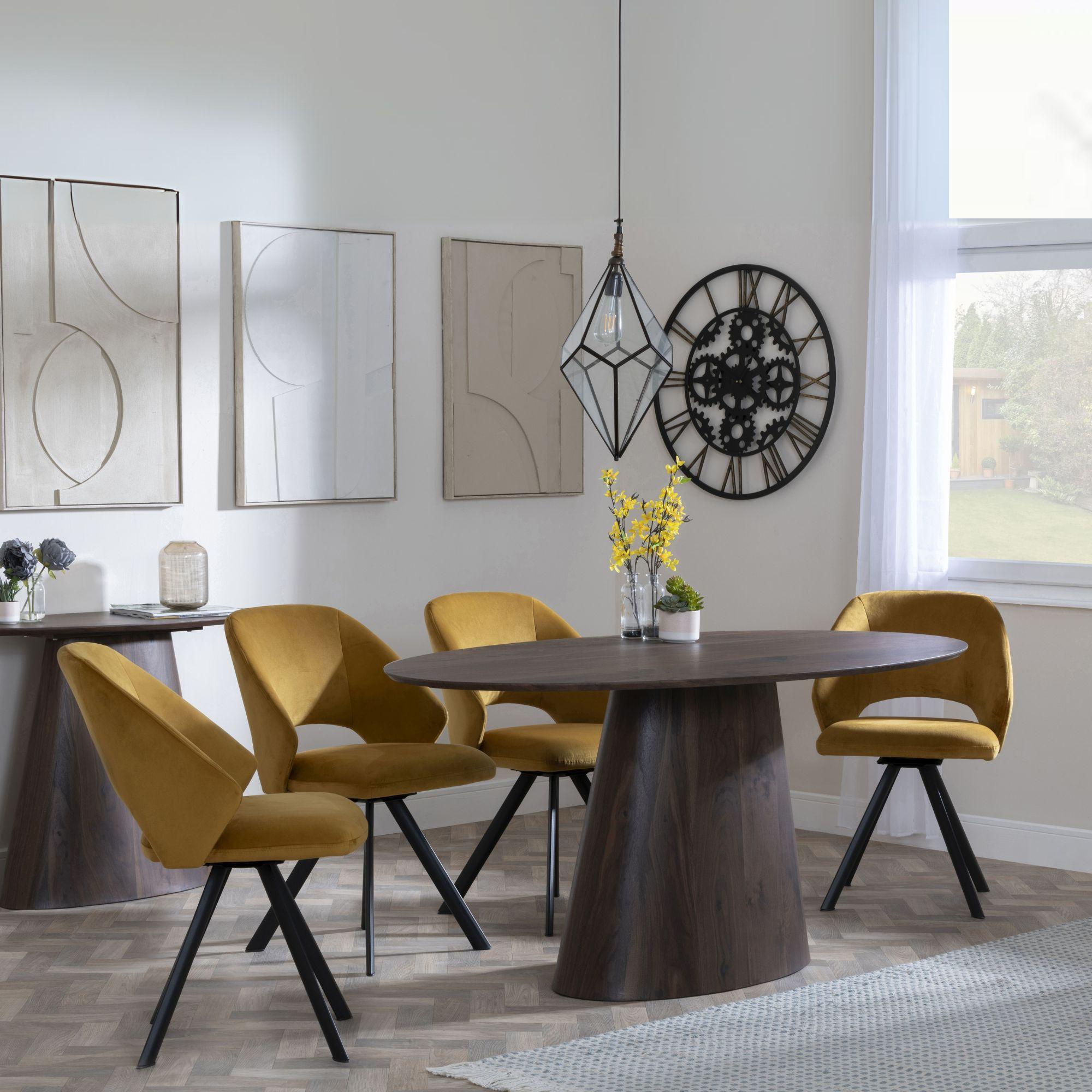 Palma Dining Set - 6 Seater - 180cm - Oval - Walnut - Ion Dining Chairs - Mustard Velvet Fabric - Swivel