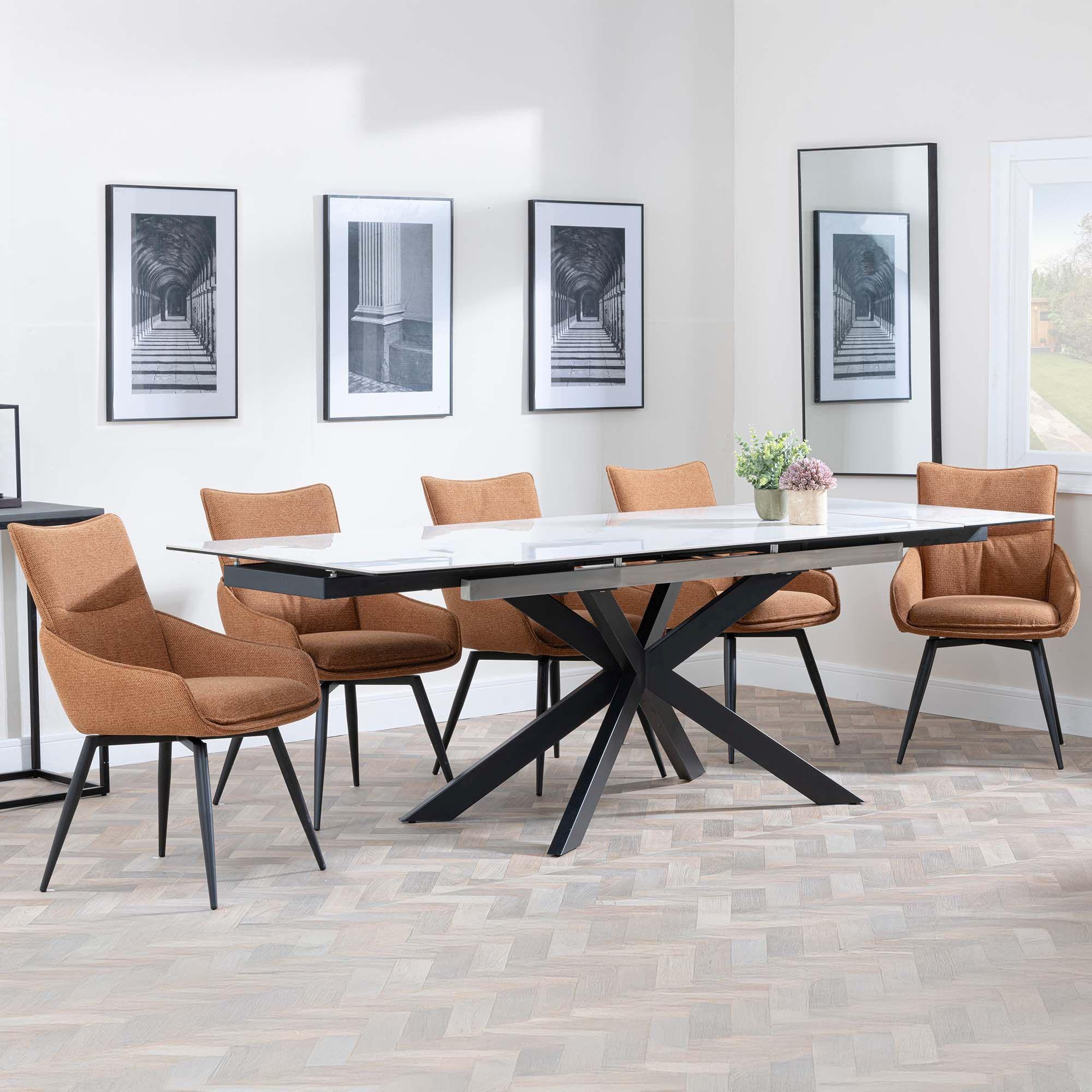 Sutton Dining Set - 4-8 Seater - 140cm-200cm - Extending - White Ceramic - Ace Dining Chairs - Orange Fabric - Swivel