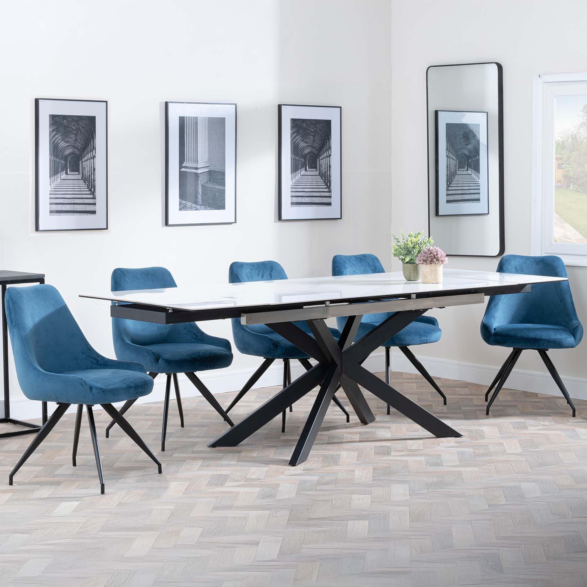 Sutton Dining Set - 4-8 Seater - 140cm-200cm - Extending - White Ceramic - Arctic Dining Chairs - Blue Velvet Fabric - Swivel