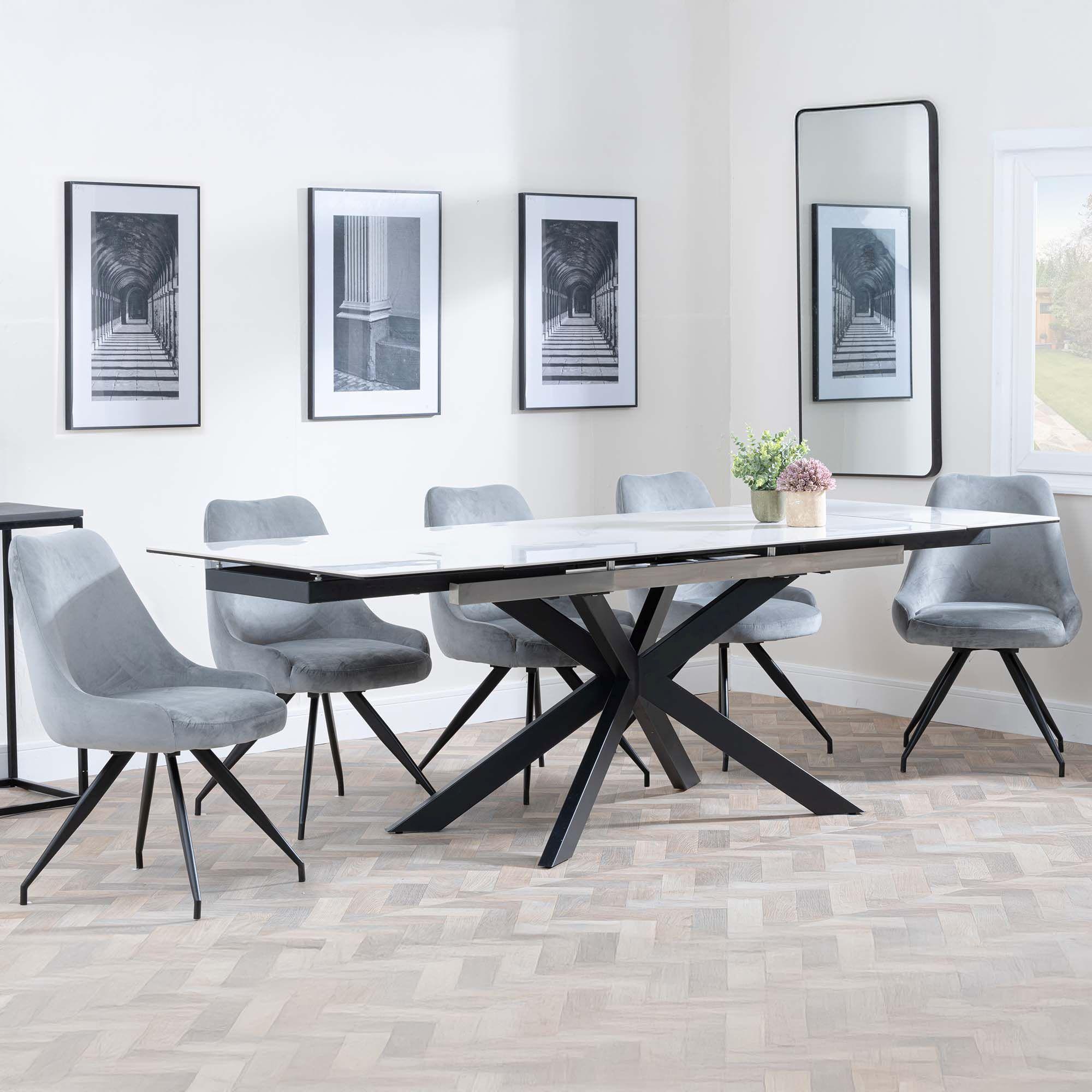 Sutton Dining Set - 4-8 Seater - 140cm-200cm - Extending - White Ceramic - Arctic Dining Chairs - Grey Velvet Fabric - Swivel