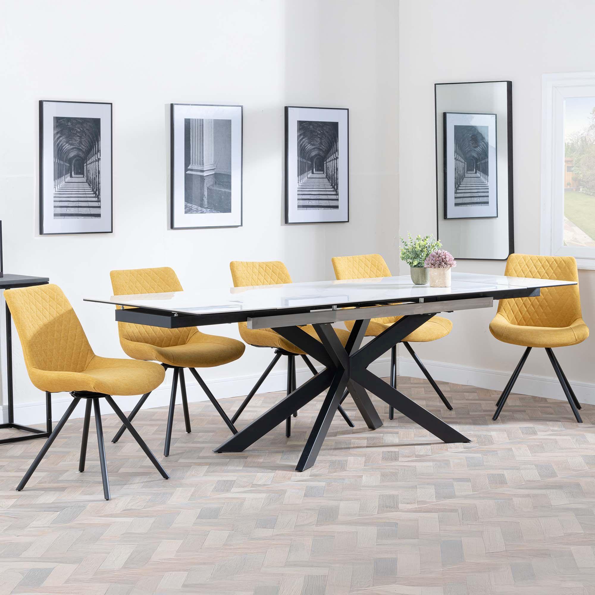Sutton Dining Set - 4-8 Seater - 140cm-200cm - Extending - White Ceramic - Boden Dining Chairs - Yellow Fabric - Swivel