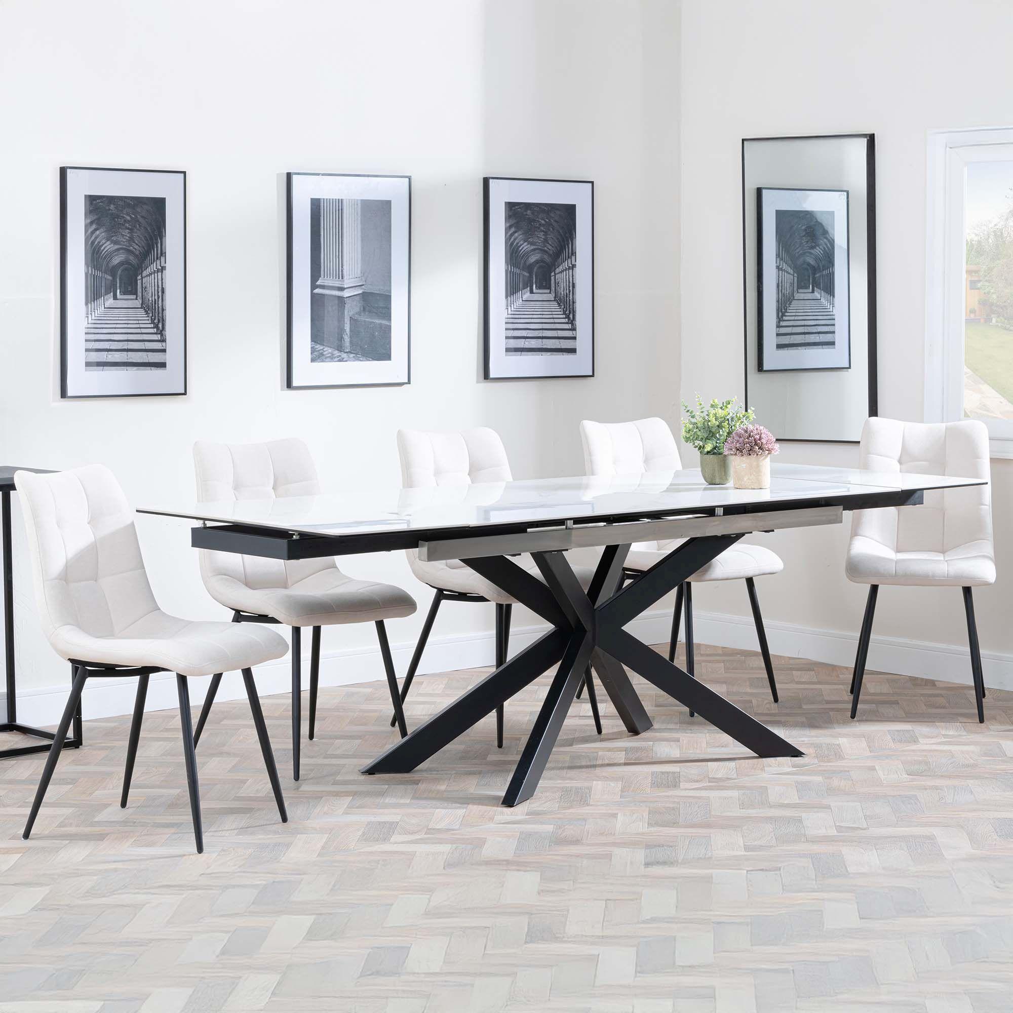 Sutton Dining Set - 4-8 Seater - 140cm-200cm - Extending - White Ceramic - Corona Dining Chairs - Beige Fabric