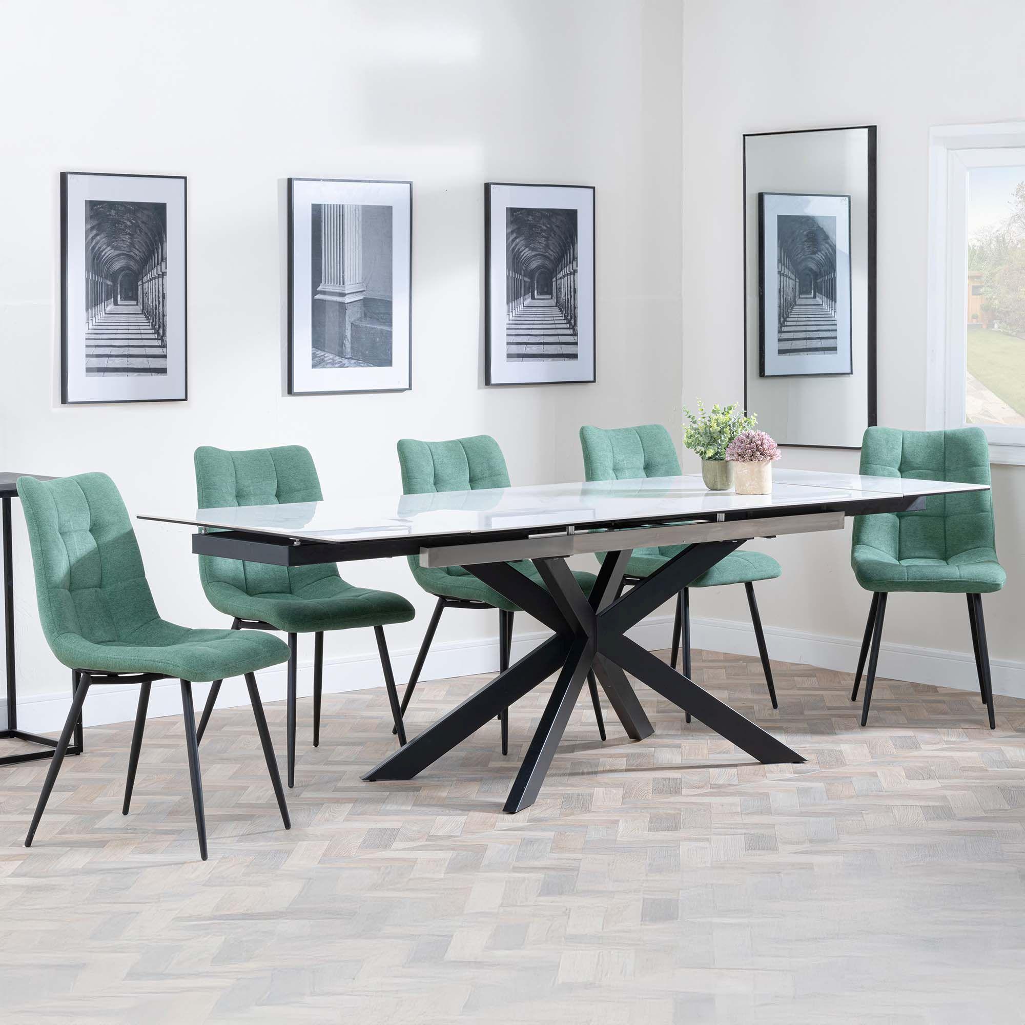 Sutton Dining Set - 4-8 Seater - 140cm-200cm - Extending - White Ceramic - Corona Dining Chairs - Green Fabric