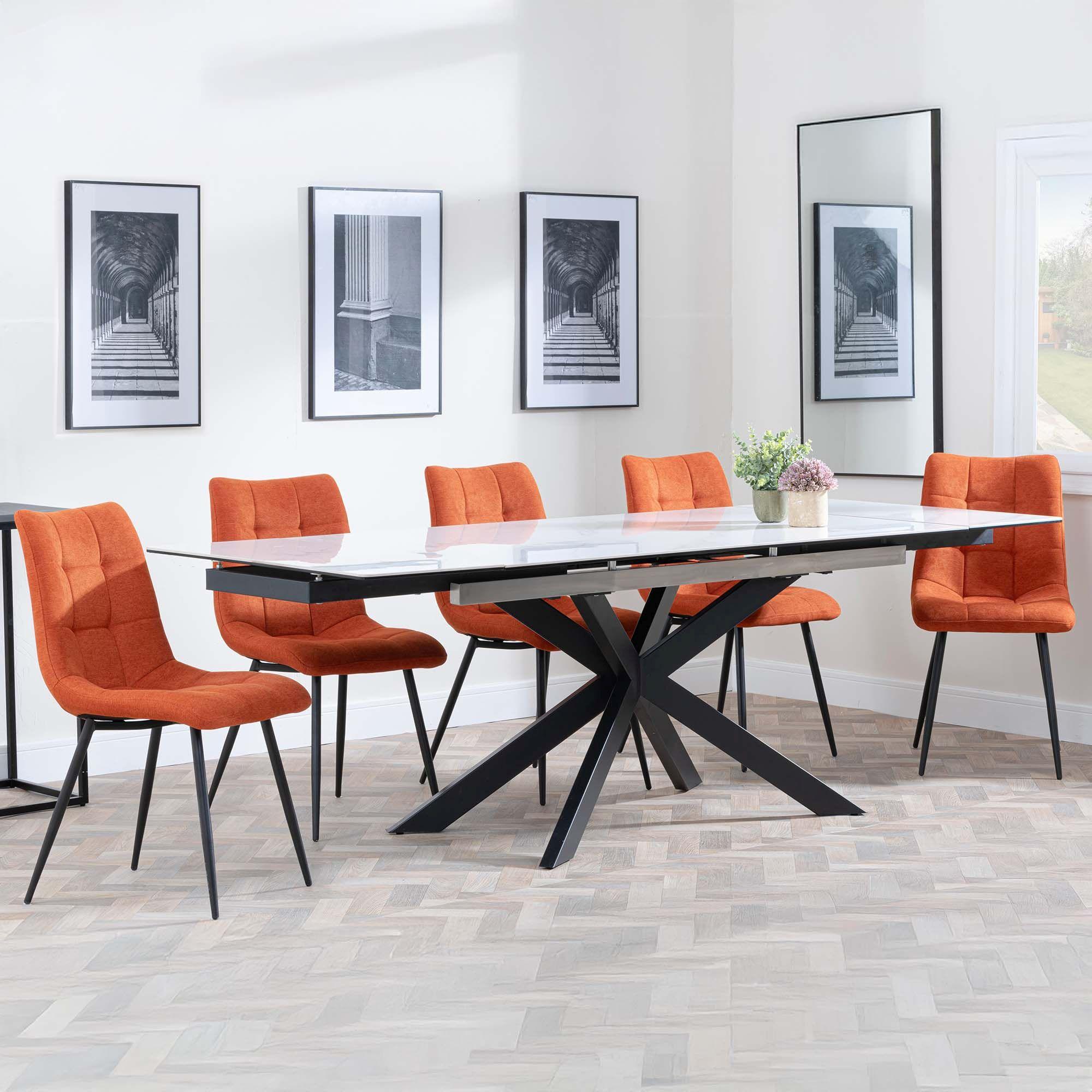 Sutton Dining Set - 4-8 Seater - 140cm-200cm - Extending - White Ceramic - Corona Dining Chairs - Orange Fabric