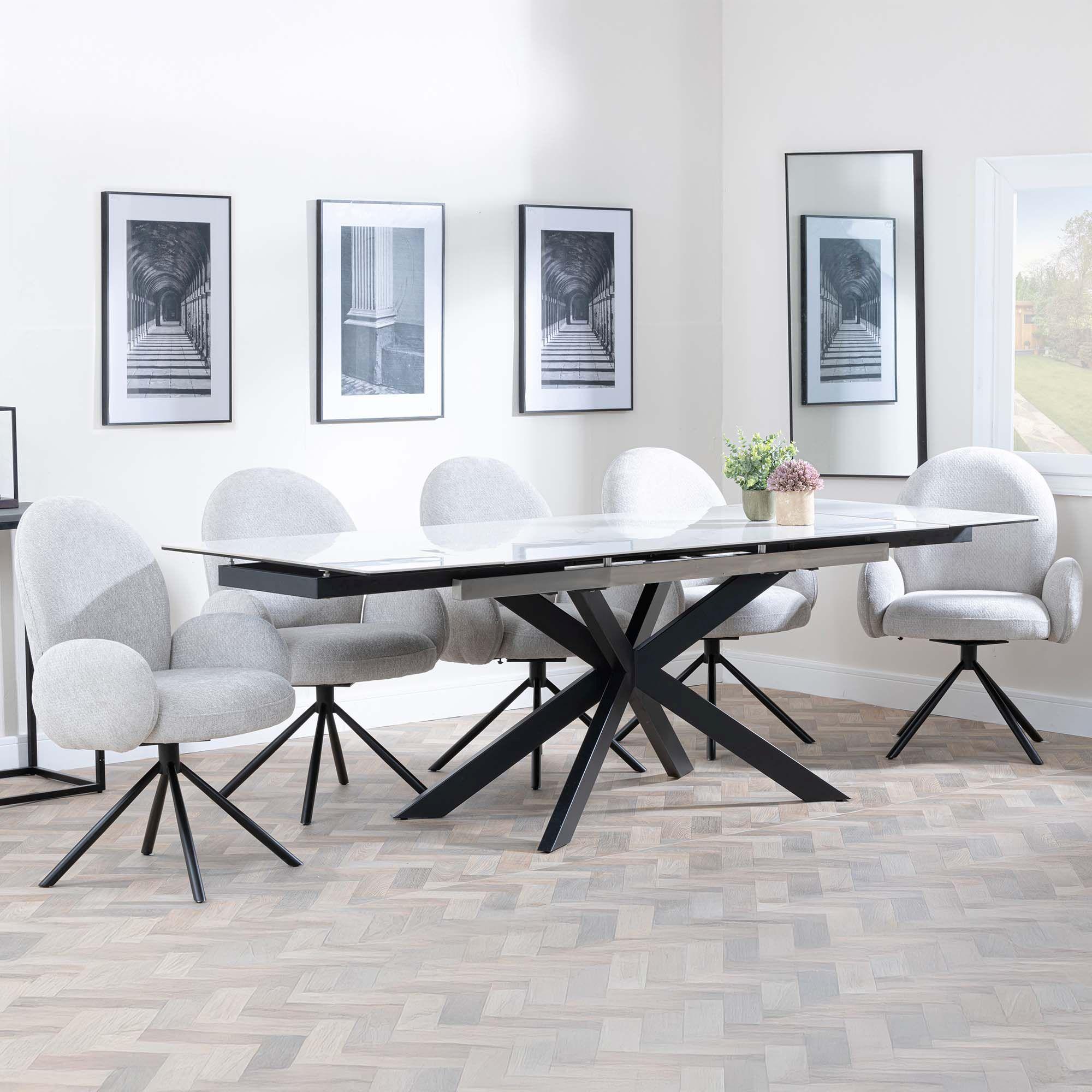 Sutton Dining Set - 4-8 Seater - 140cm-200cm - Extending - White Ceramic - Theo Dining Chairs - Grey Fabric - Swivel