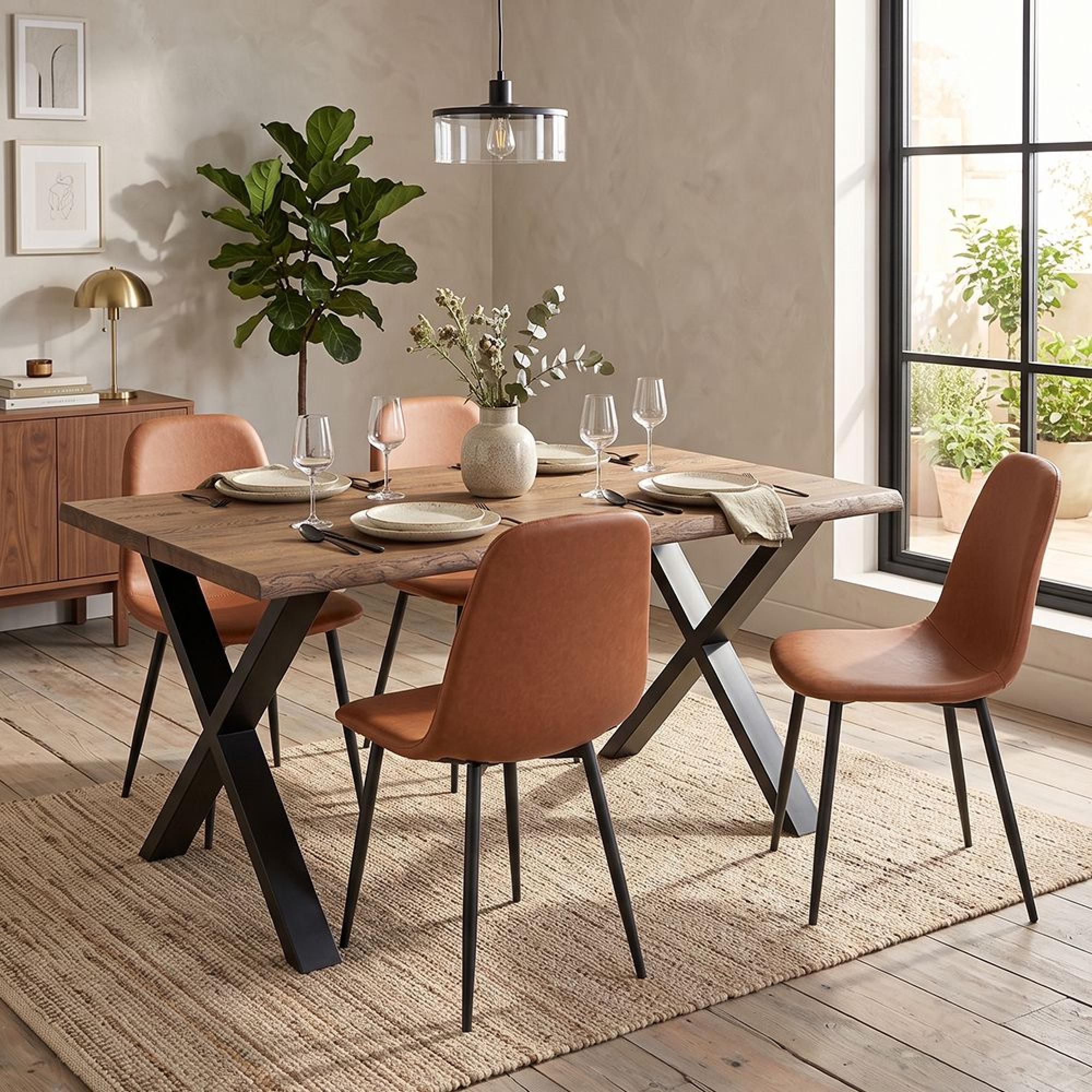 Toulon Dining Set - 140cm - Wavy Edge - Cross Leg - Smoked and Black - Oak and Metal - 4 Stockholm Vintage Brown Chairs