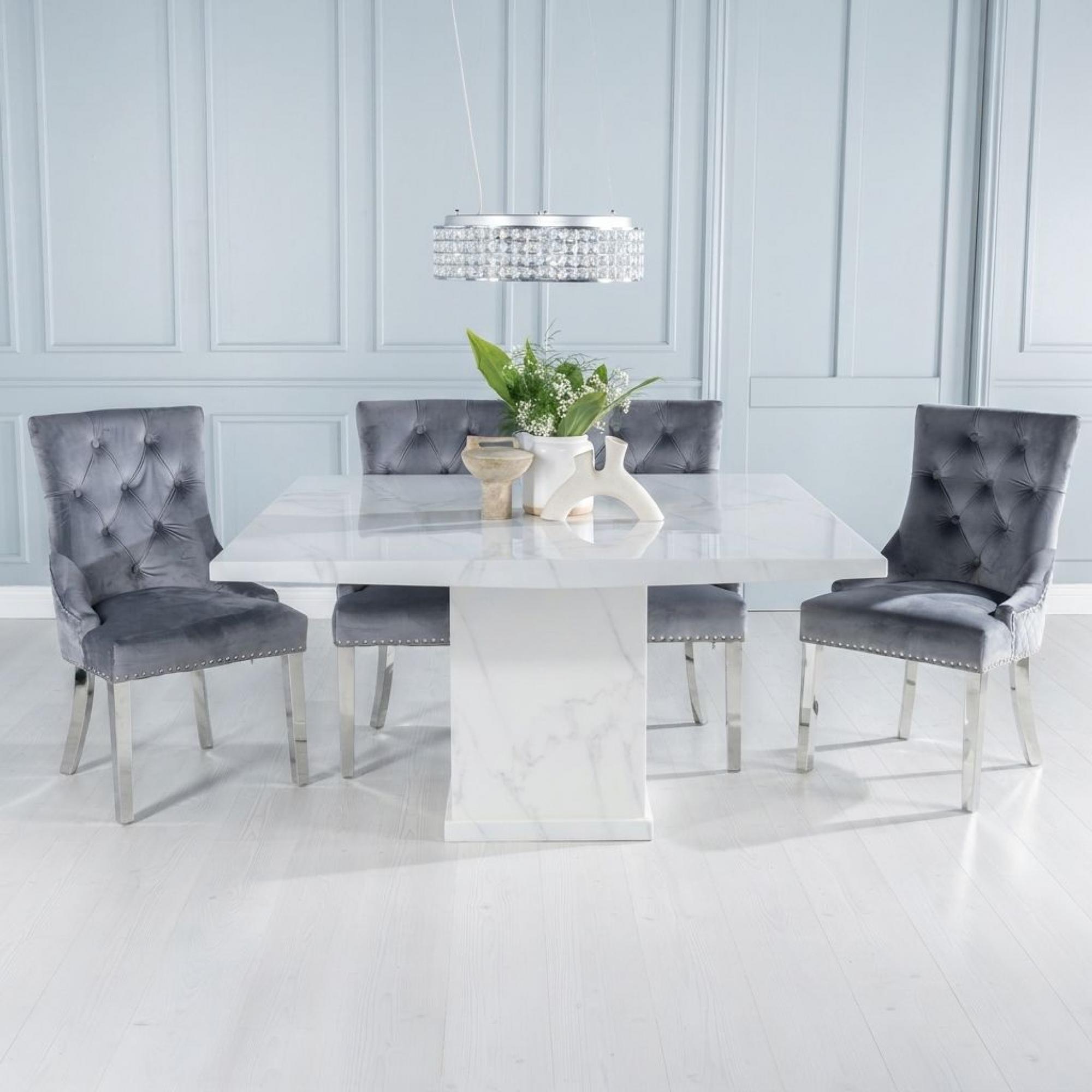 Turin Dining Set - 8 Seater - 140cm - Square - White Marble - Knocker Back Dining Chairs - Grey Fabric - Chrome Legs