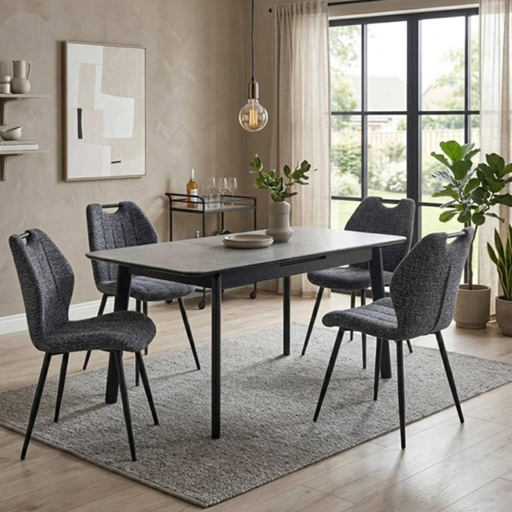 Turin Extending Dining Set - 130cm-160cm - 4-6 Seater - Grey and Black - Sintered Stone Top - 4 Dark Grey Chair