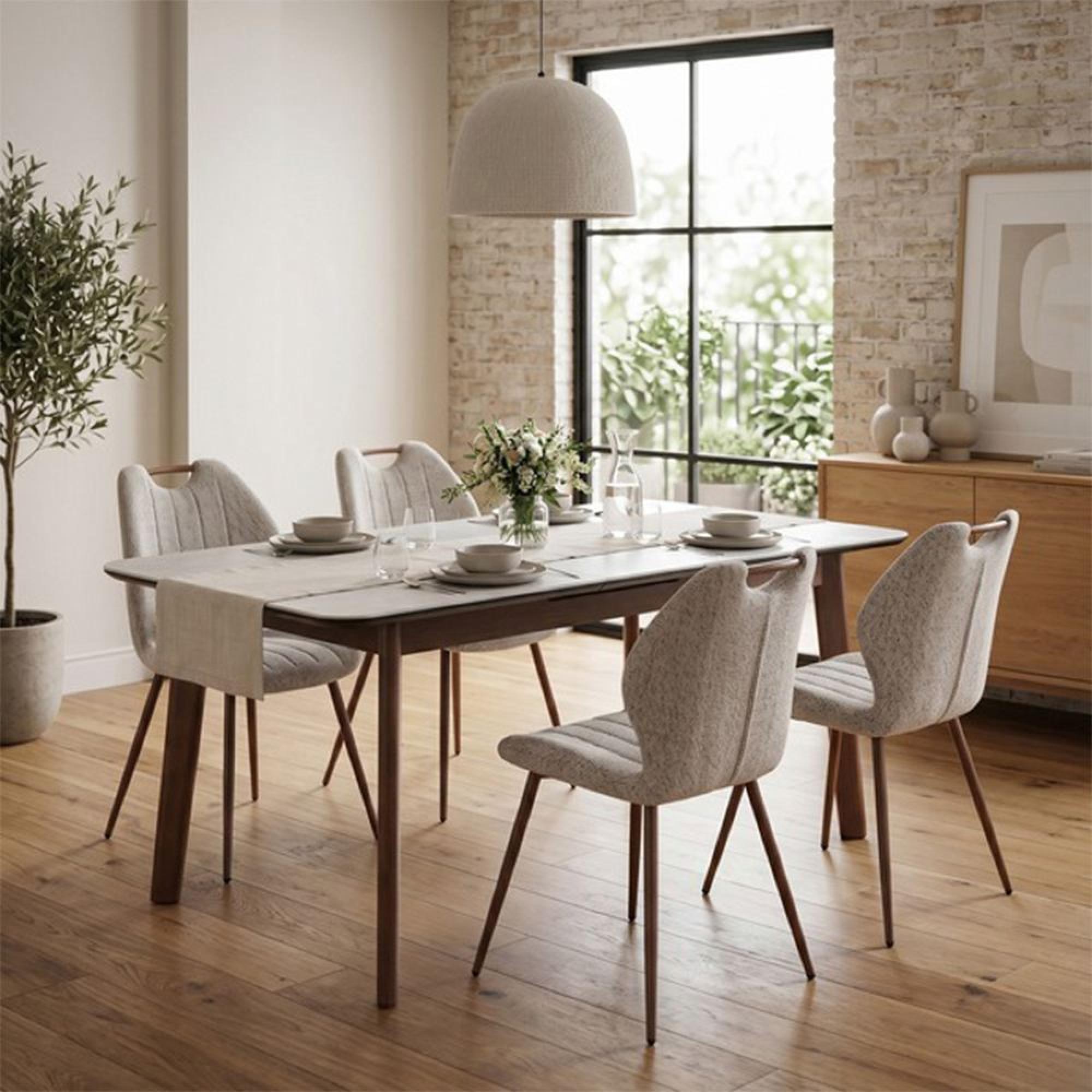 Turin Extending Dining Set - 130cm-160cm - 4-6 Seater - Off-White and Walnut - Sintered Stone Top - 4 Latte Chair