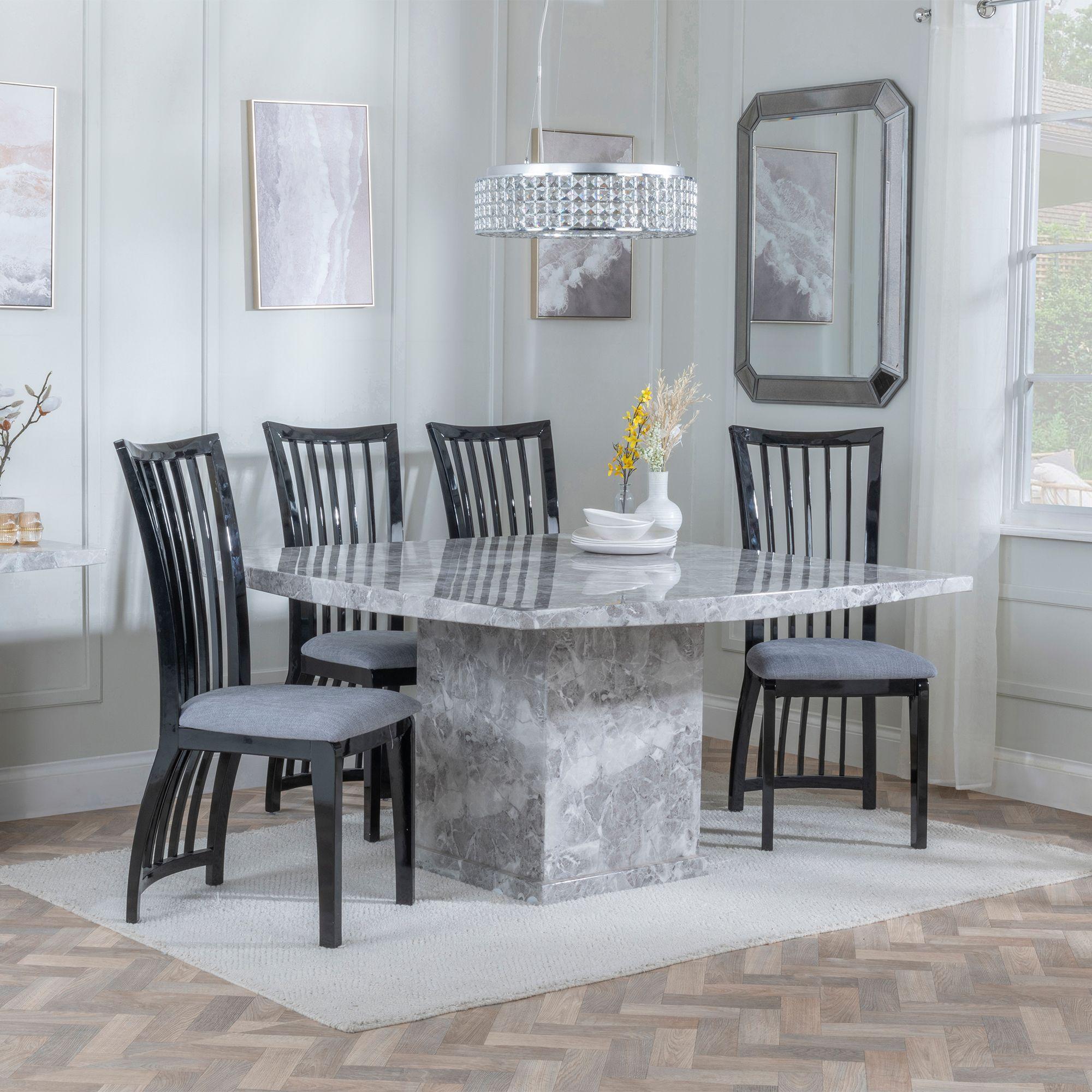 Turin Dining Set - 8 Seater - 140cm - Square - Grey Marble - Athena Dining Chairs - Black High Gloss - Grey Seat Pads