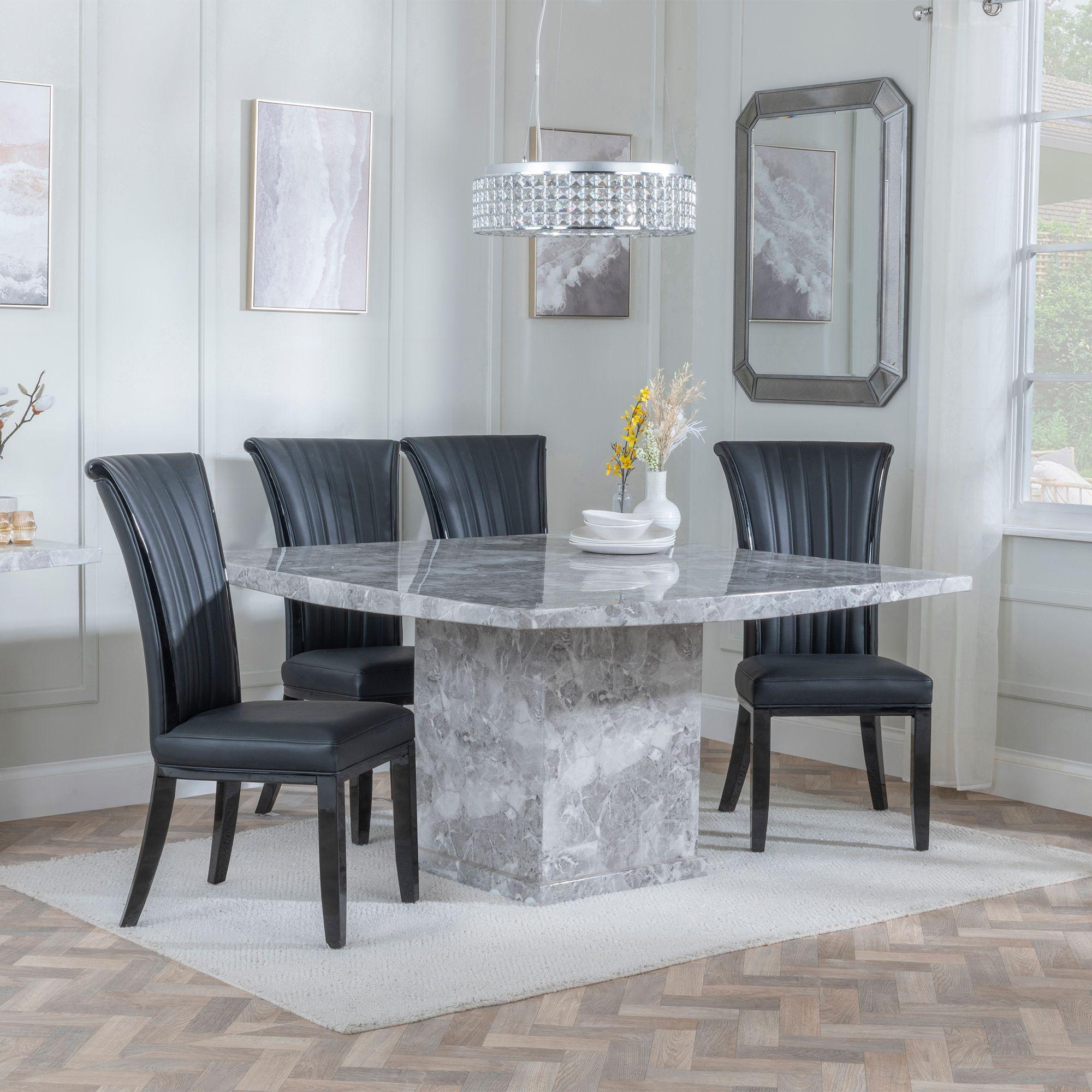 Turin Dining Set - 8 Seater - 140cm - Square - Grey Marble - Cadiz Dining Chairs - Black Leather