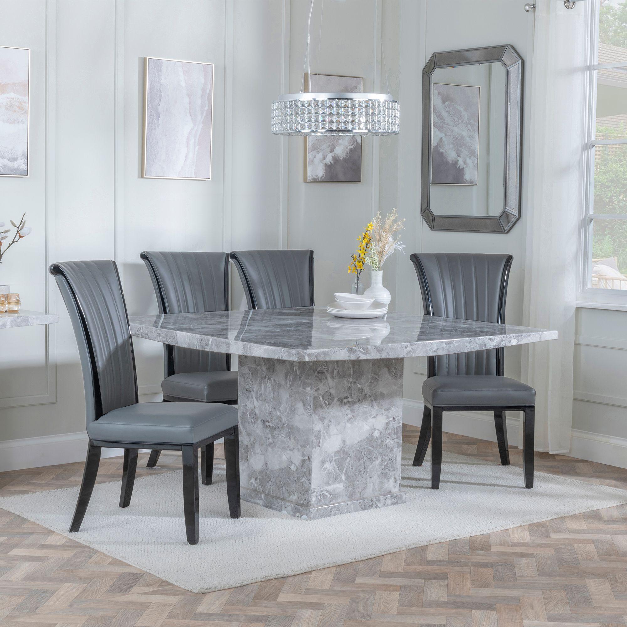 Turin Dining Set - 8 Seater - 140cm - Square - Grey Marble - Cadiz Dining Chairs - Grey Leather