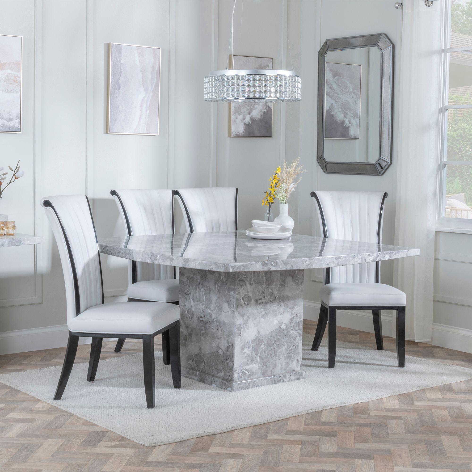 Turin Dining Set - 8 Seater - 140cm - Square - Grey Marble - Cadiz Dining Chairs - White Leather