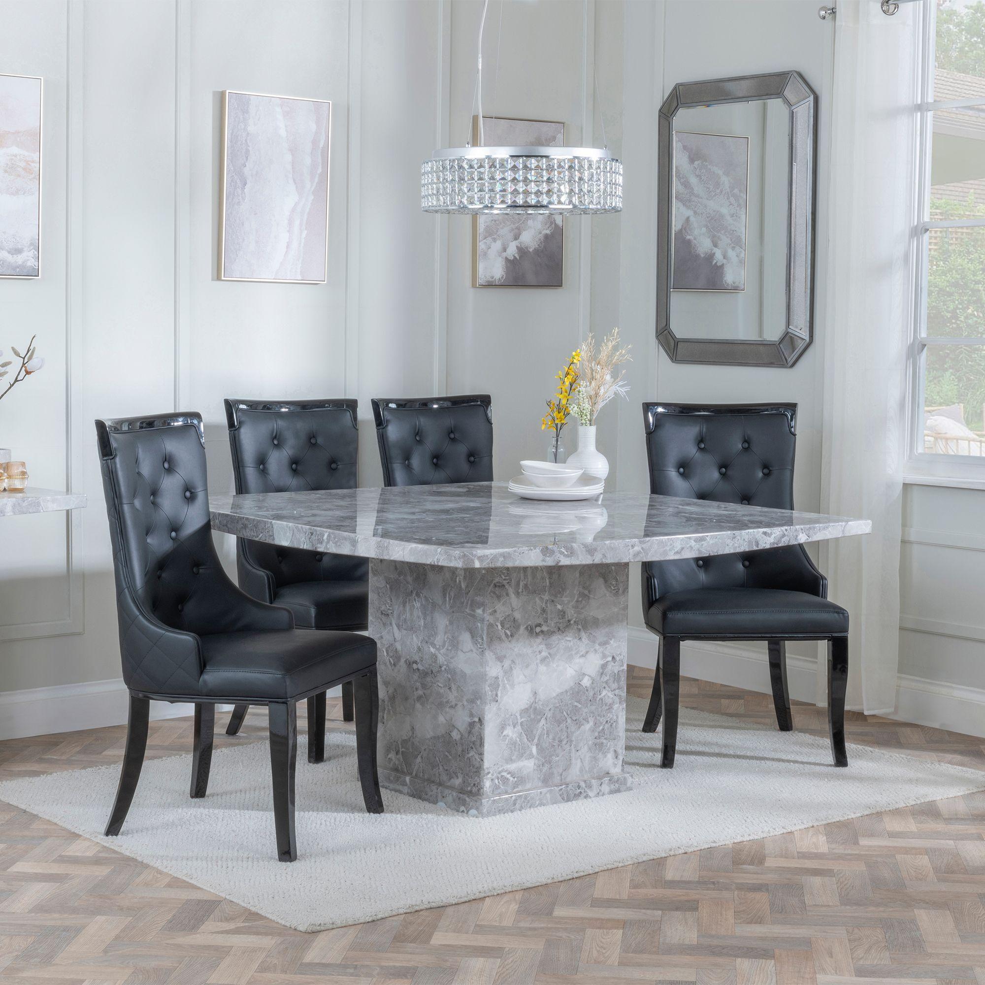 Turin Dining Set - 8 Seater - 140cm - Square - Grey Marble - Carmela Dining Chairs - Black Leather