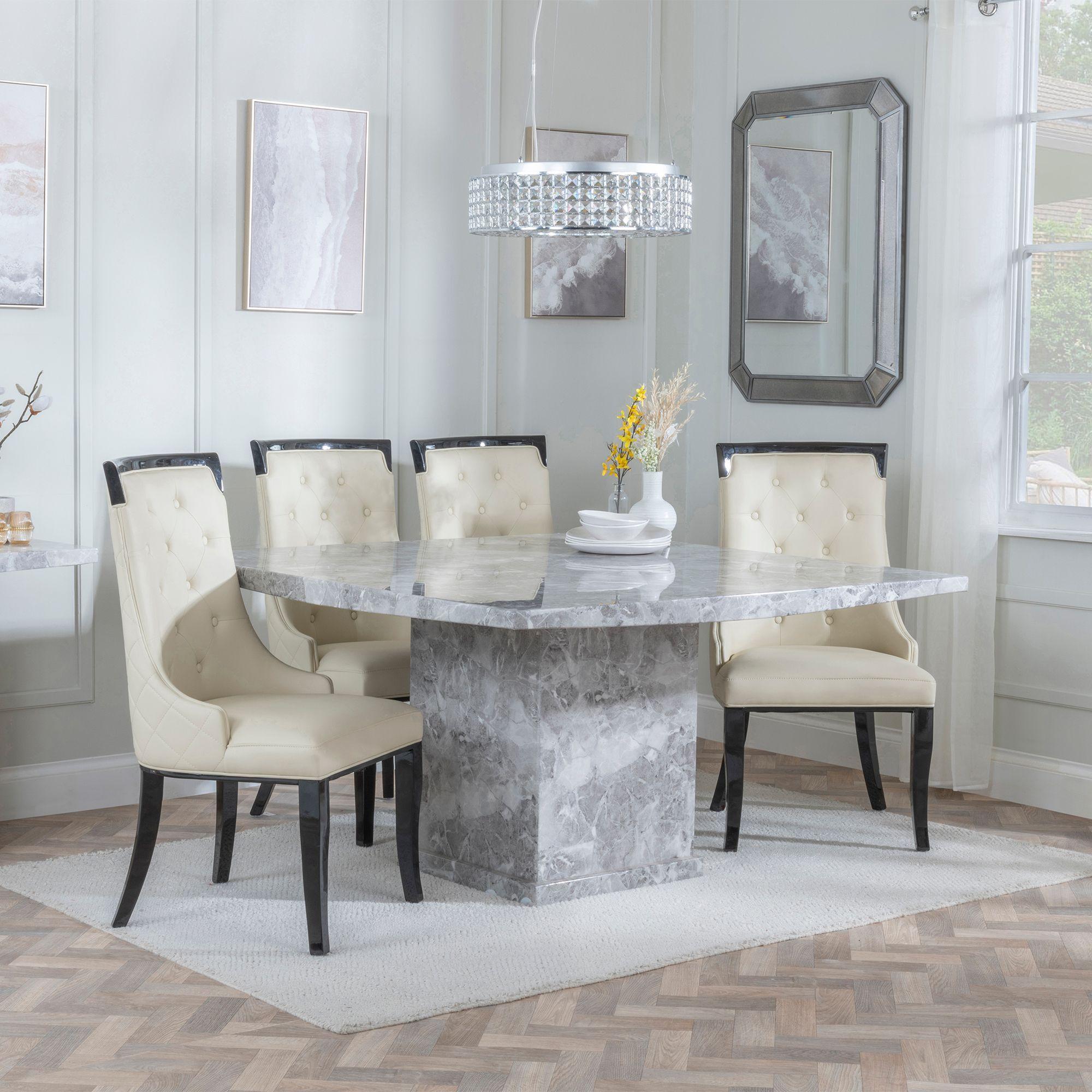 Turin Dining Set - 8 Seater - 140cm - Square - Grey Marble - Carmela Dining Chairs - Cream Leather