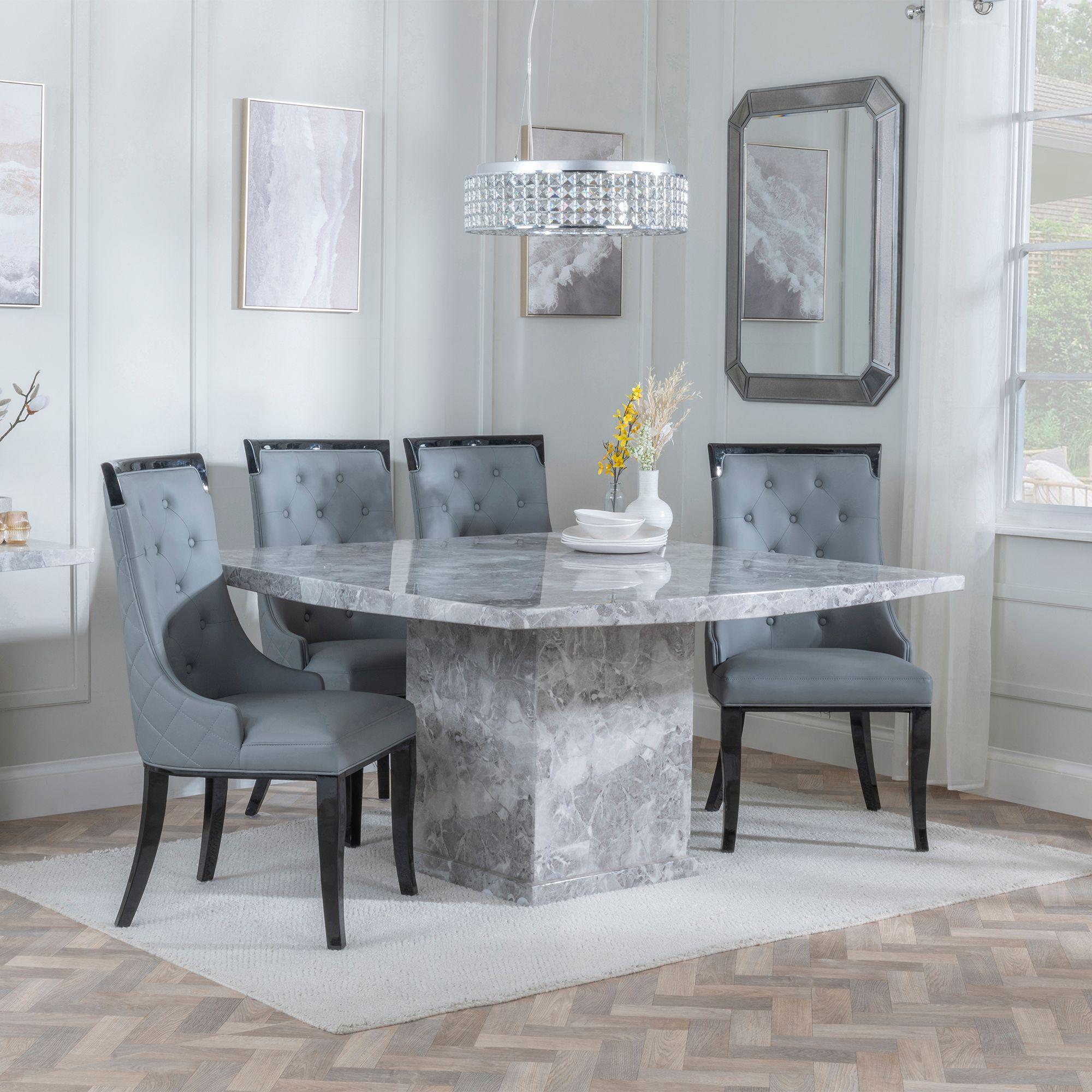 Turin Dining Set - 8 Seater - 140cm - Square - Grey Marble - Carmela Dining Chairs - Grey Leather