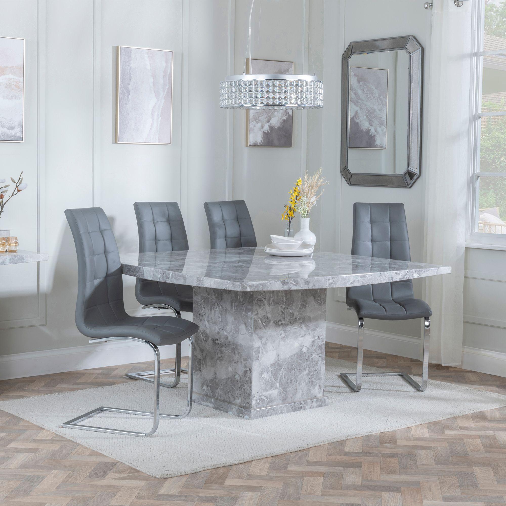 Turin Dining Set - 8 Seater - 140cm - Square - Grey Marble - Jamison Dining Chairs - Grey Faux Leather