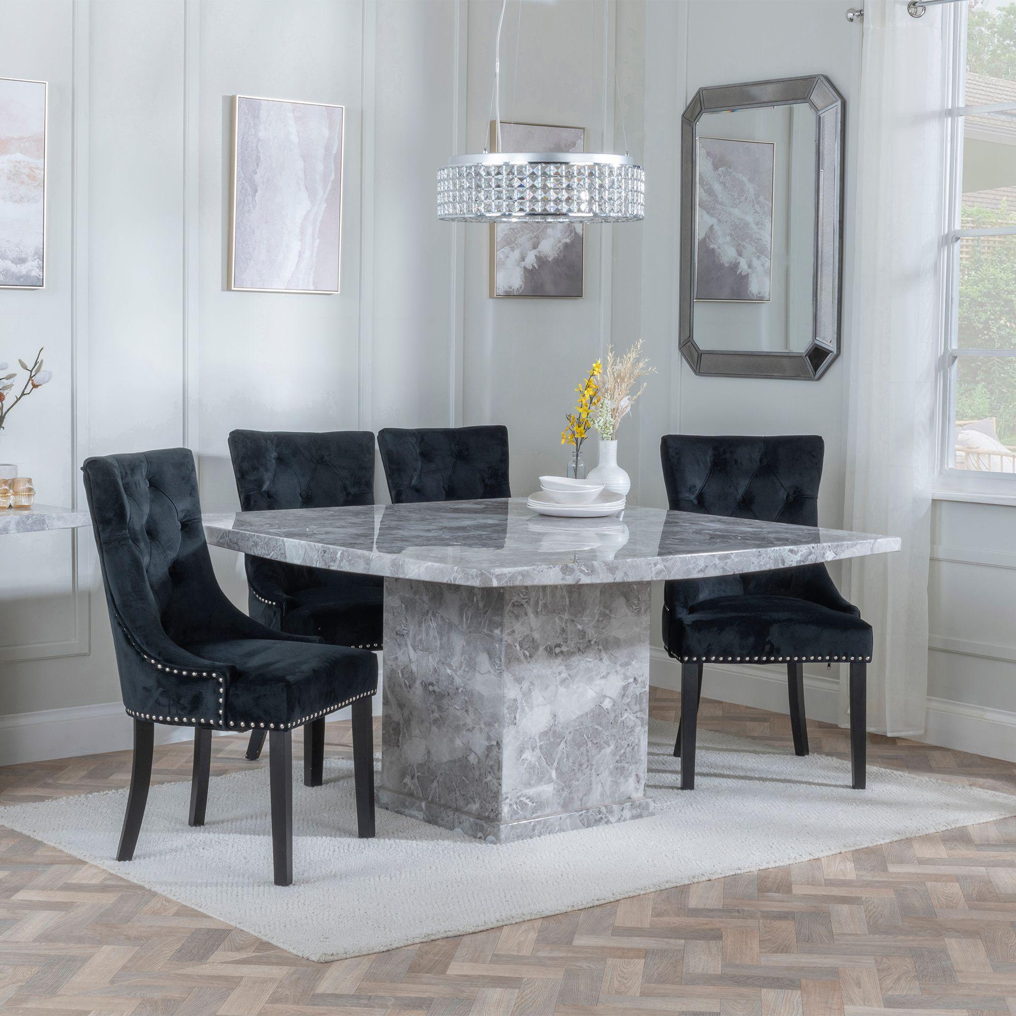 Turin Dining Set - 8 Seater - 140cm - Square - Grey Marble - Knocker Back Dining Chairs - Black Velvet Fabric - Black Wooden Legs