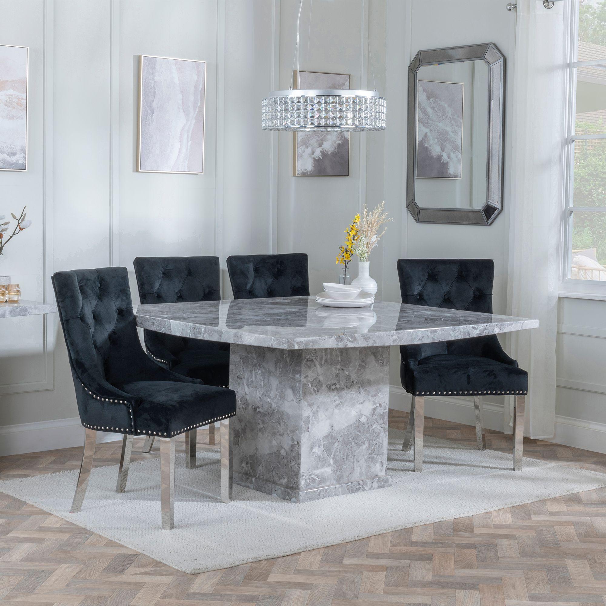 Turin Dining Set - 8 Seater - 140cm - Square - Grey Marble - Knocker Back Dining Chairs - Black Velvet Fabric - Chrome Legs
