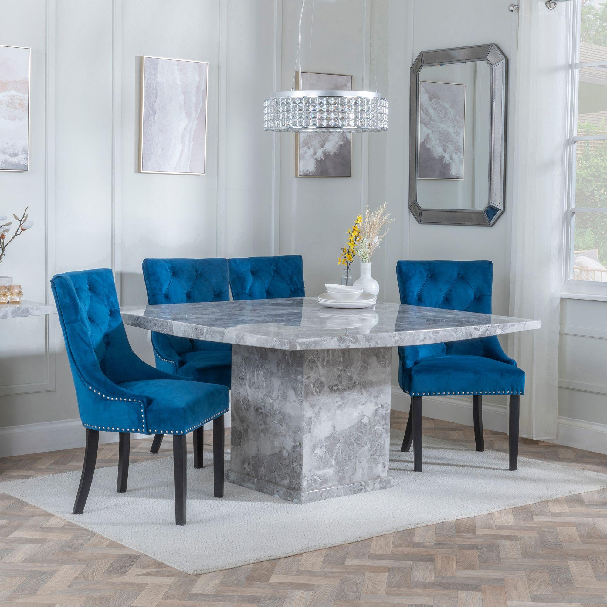 Turin Dining Set - 8 Seater - 140cm - Square - Grey Marble - Knocker Back Dining Chairs - Blue Velvet Fabric - Black Wooden Legs