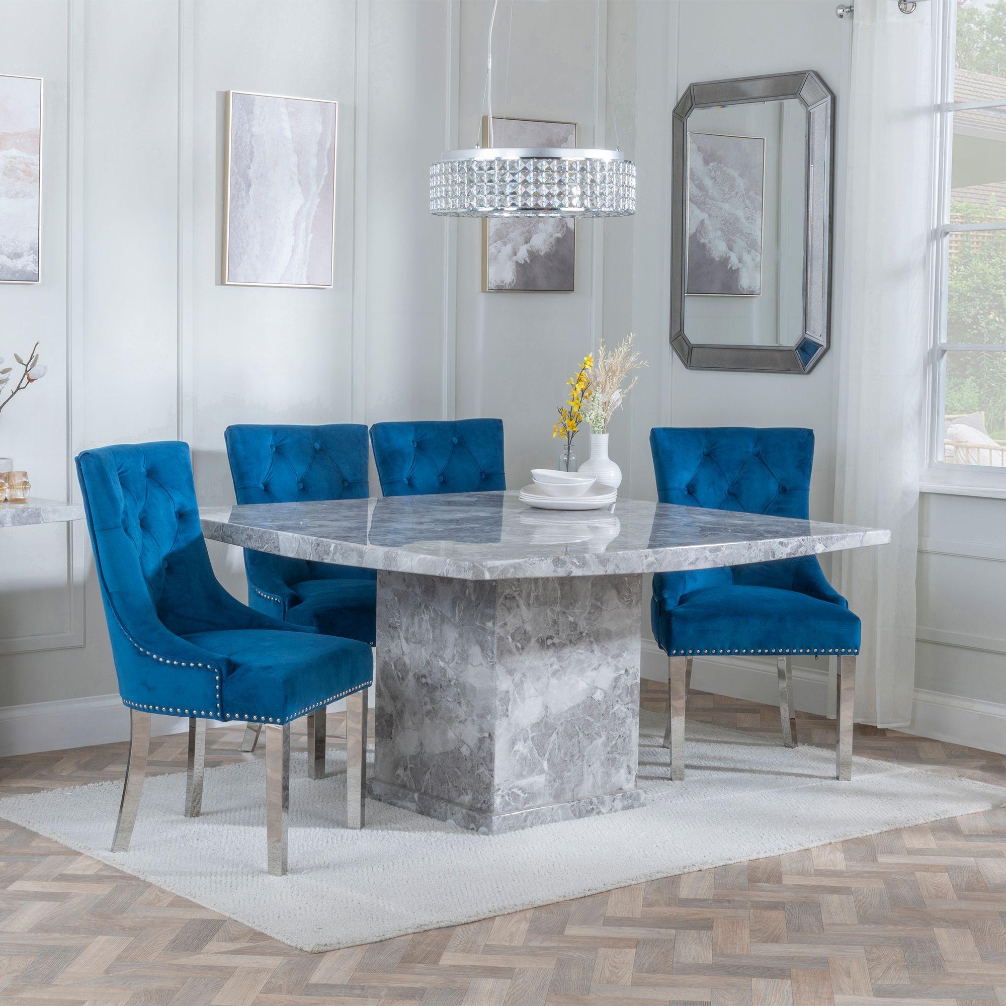 Turin Dining Set - 8 Seater - 140cm - Square - Grey Marble - Knocker Back Dining Chairs - Blue Velvet Fabric - Chrome Legs