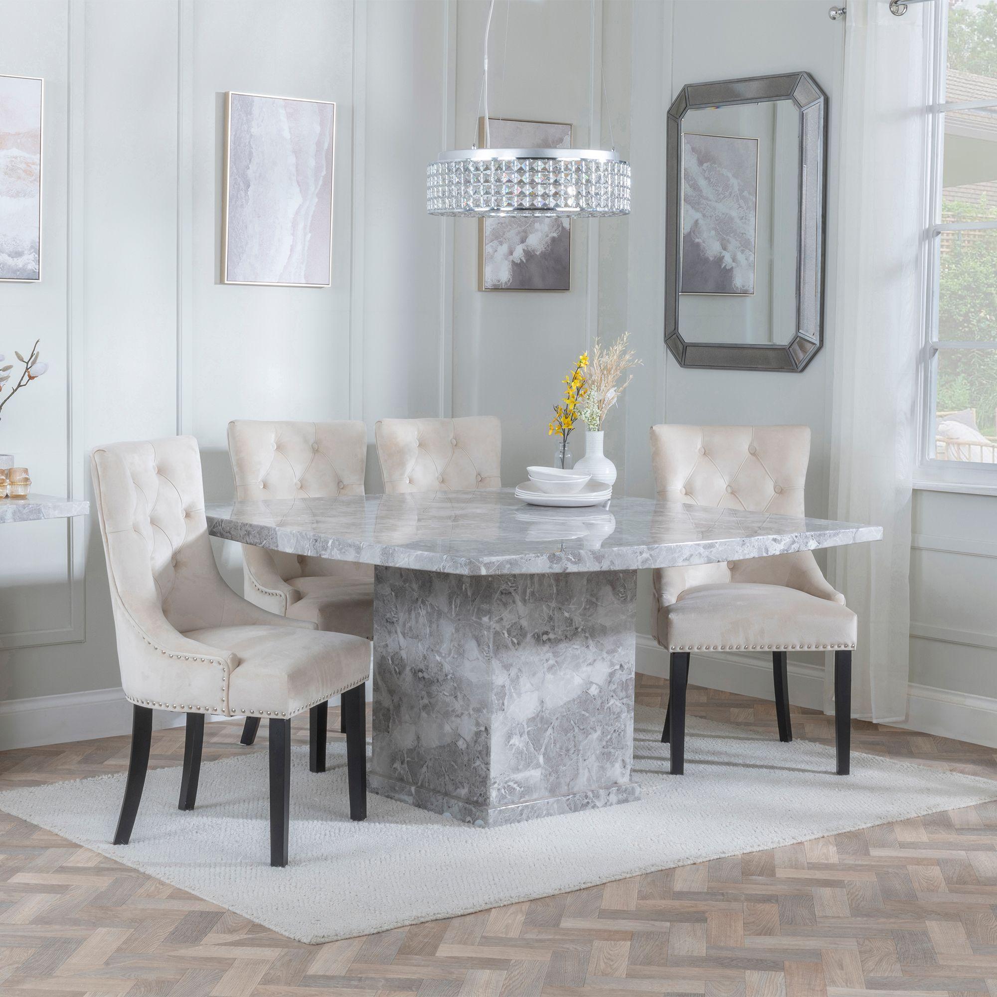 Turin Dining Set - 8 Seater - 140cm - Square - Grey Marble - Knocker Back Dining Chairs - Champagne Velvet Fabric - Black Wooden Legs