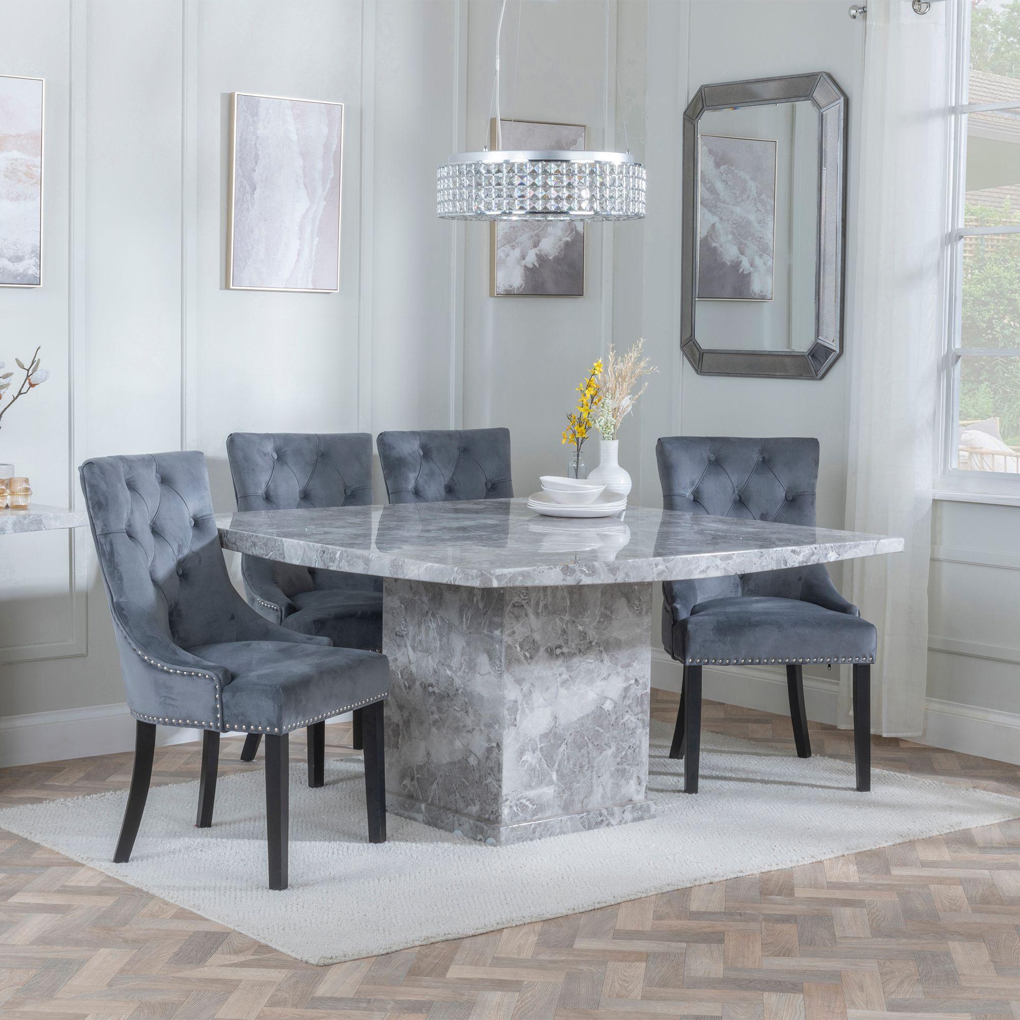 Turin Dining Set - 8 Seater - 140cm - Square - Grey Marble - Knocker Back Dining Chairs - Grey Velvet Fabric - Black Wooden Legs