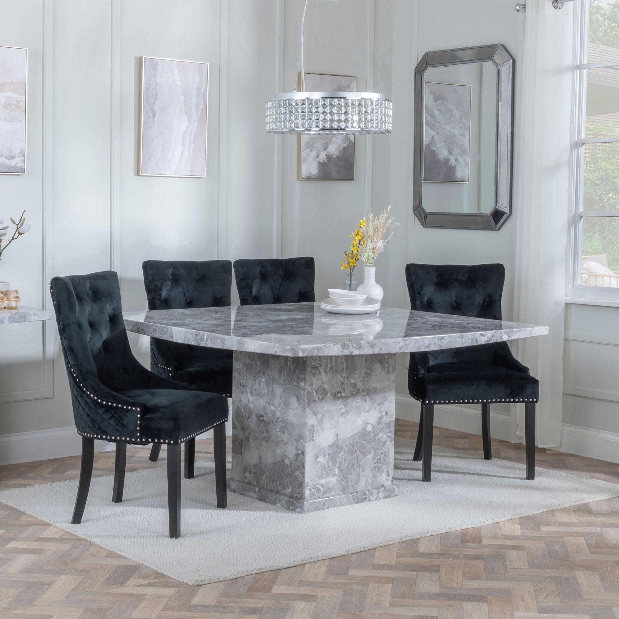 Turin Dining Set - 8 Seater - 140cm - Square - Grey Marble - Lion Knocker Back Dining Chairs - Black Velvet Fabric - Black Wooden Legs
