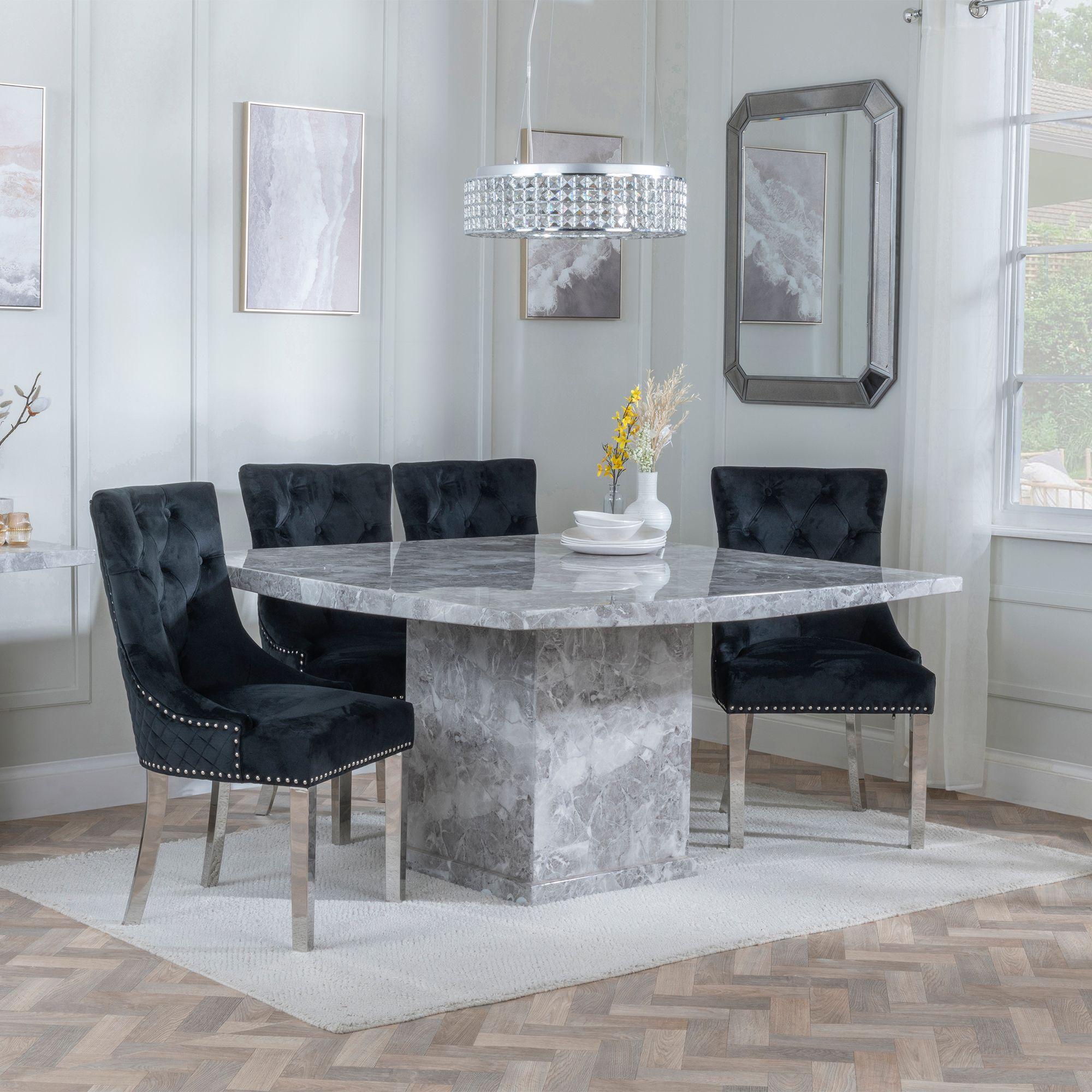 Turin Dining Set - 8 Seater - 140cm - Square - Grey Marble - Lion Knocker Back Dining Chairs - Black Velvet Fabric - Chrome Legs