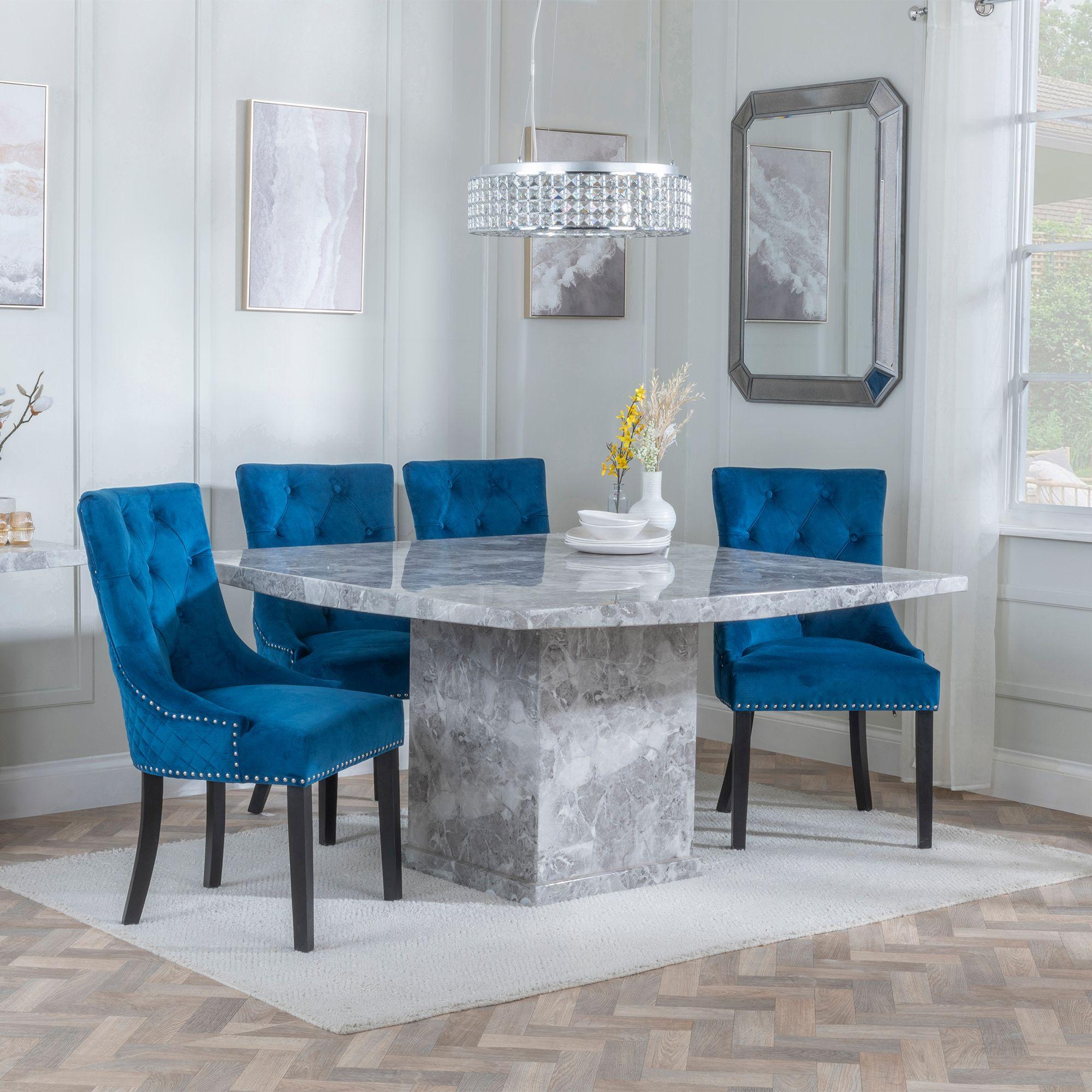 Turin Dining Set - 8 Seater - 140cm - Square - Grey Marble - Lion Knocker Back Dining Chairs - Blue Velvet Fabric - Black Wooden Legs
