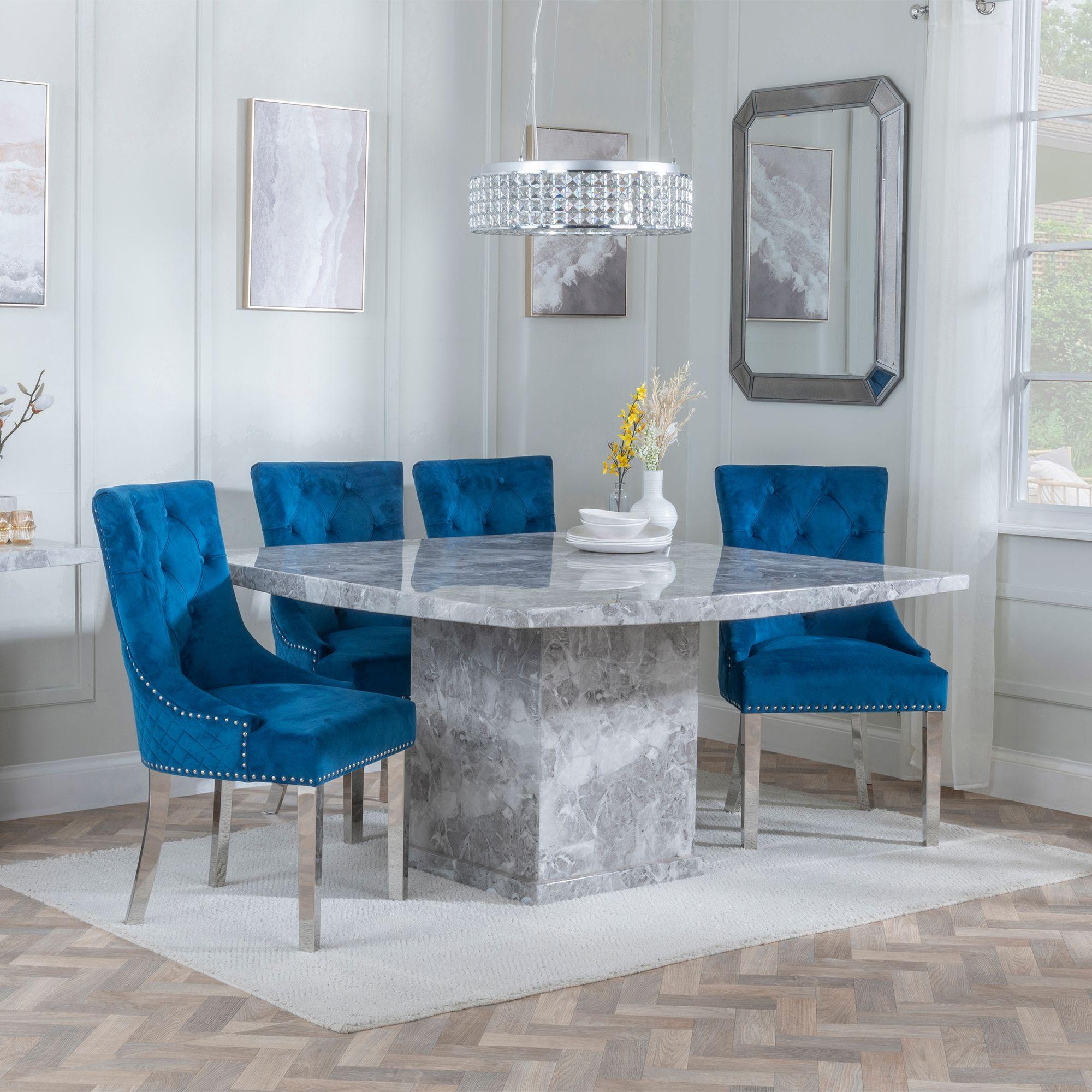 Turin Dining Set - 8 Seater - 140cm - Square - Grey Marble - Lion Knocker Back Dining Chairs - Blue Velvet Fabric - Chrome Legs