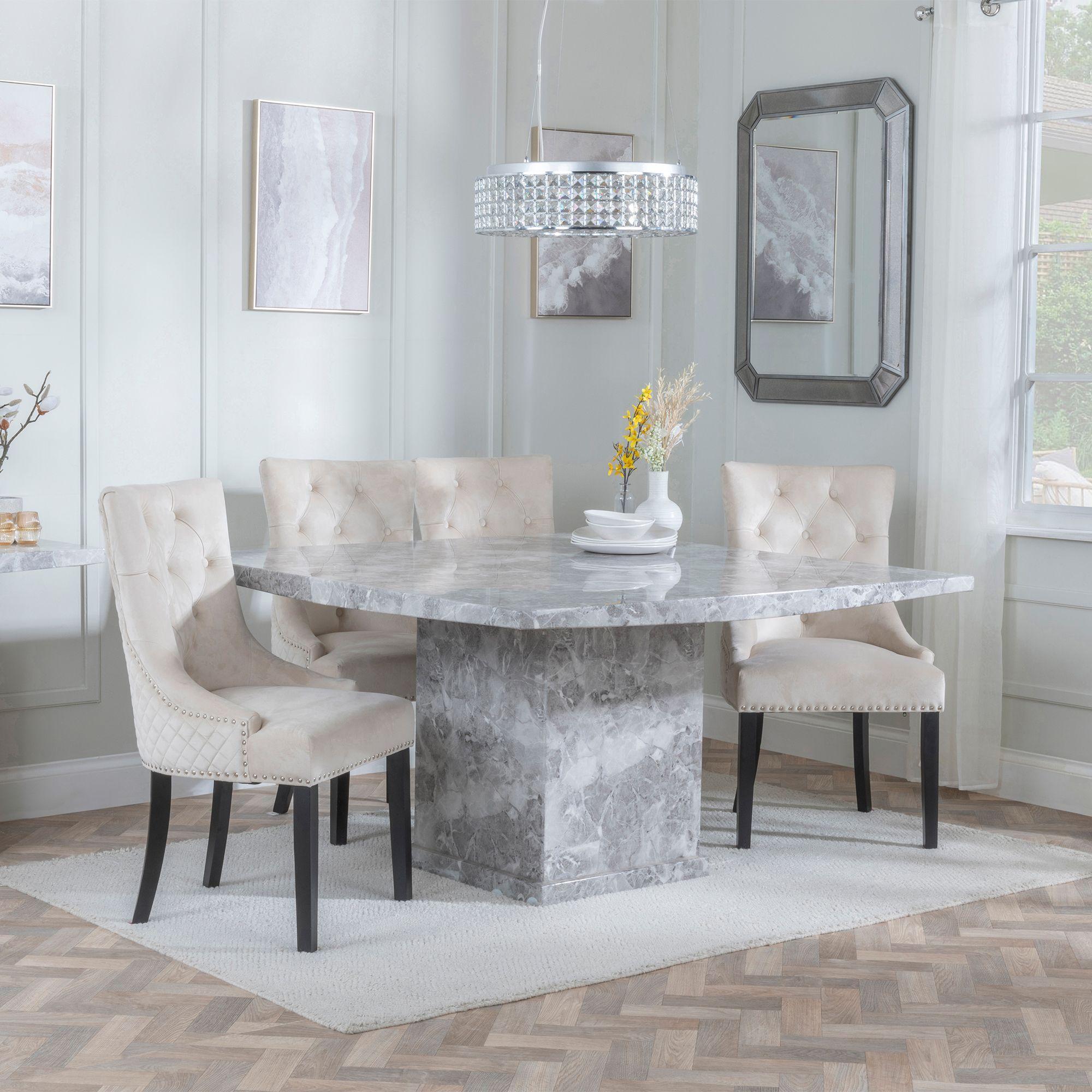 Turin Dining Set - 8 Seater - 140cm - Square - Grey Marble - Lion Knocker Back Dining Chairs - Champagne Velvet Fabric - Black Wooden Legs
