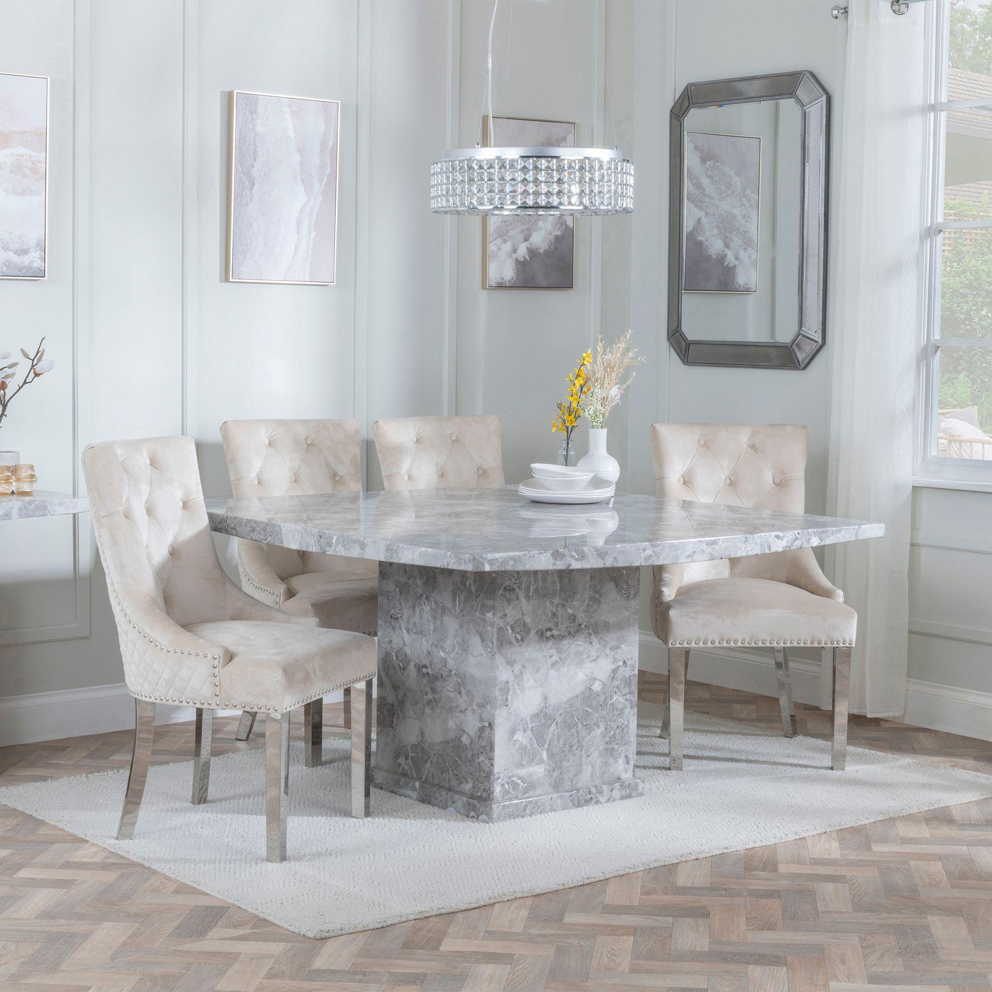 Turin Dining Set - 8 Seater - 140cm - Square - Grey Marble - Lion Knocker Back Dining Chairs - Champagne Velvet Fabric - Chrome Legs