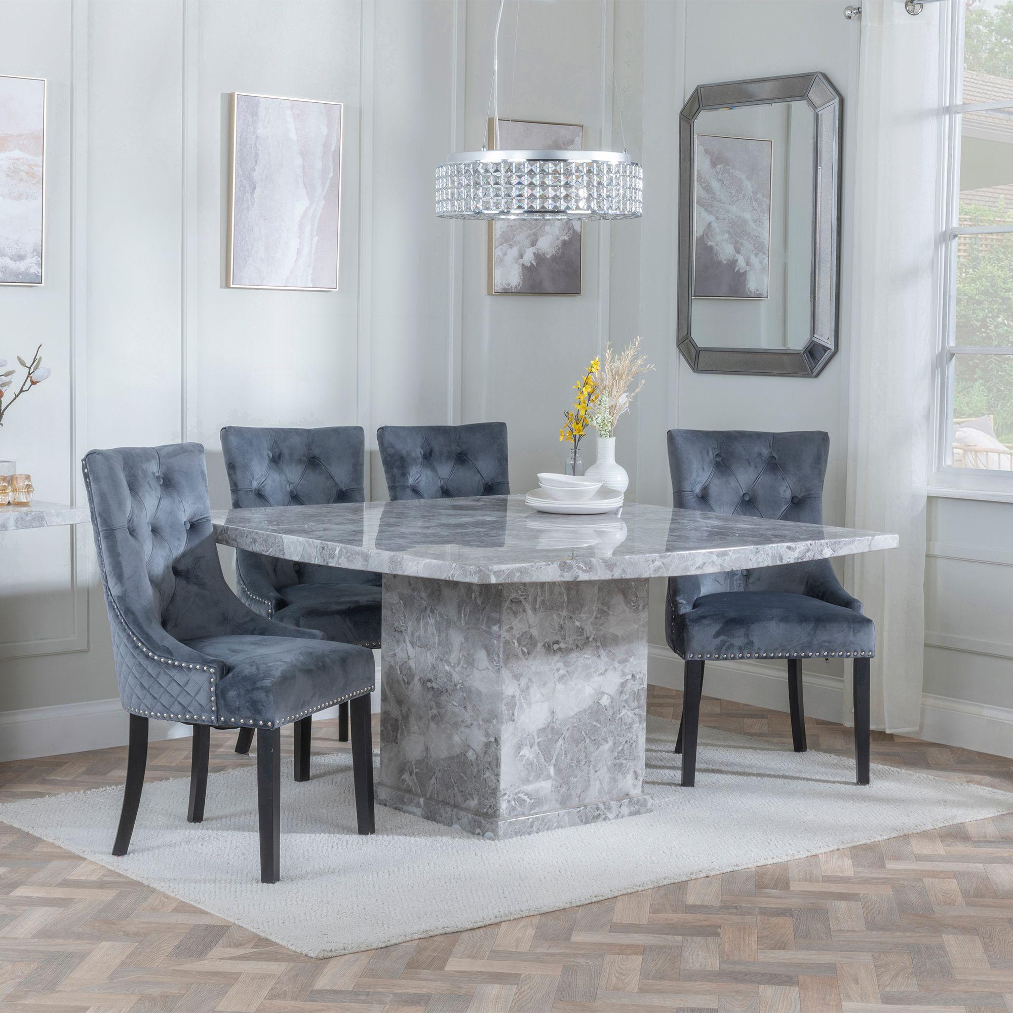 Turin Dining Set - 8 Seater - 140cm - Square - Grey Marble - Lion Knocker Back Dining Chairs - Grey Velvet Fabric - Black Wooden Legs