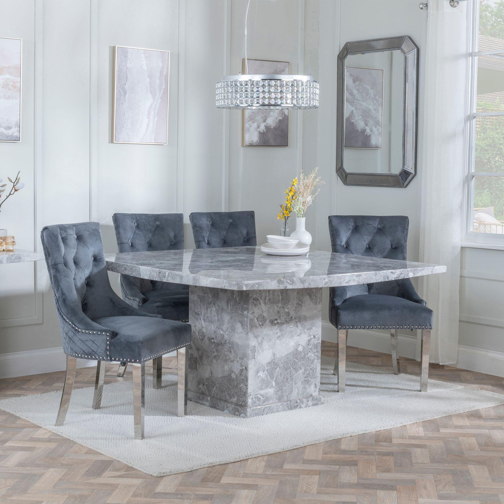 Turin Dining Set - 8 Seater - 140cm - Square - Grey Marble - Lion Knocker Back Dining Chairs - Grey Velvet Fabric - Chrome Legs