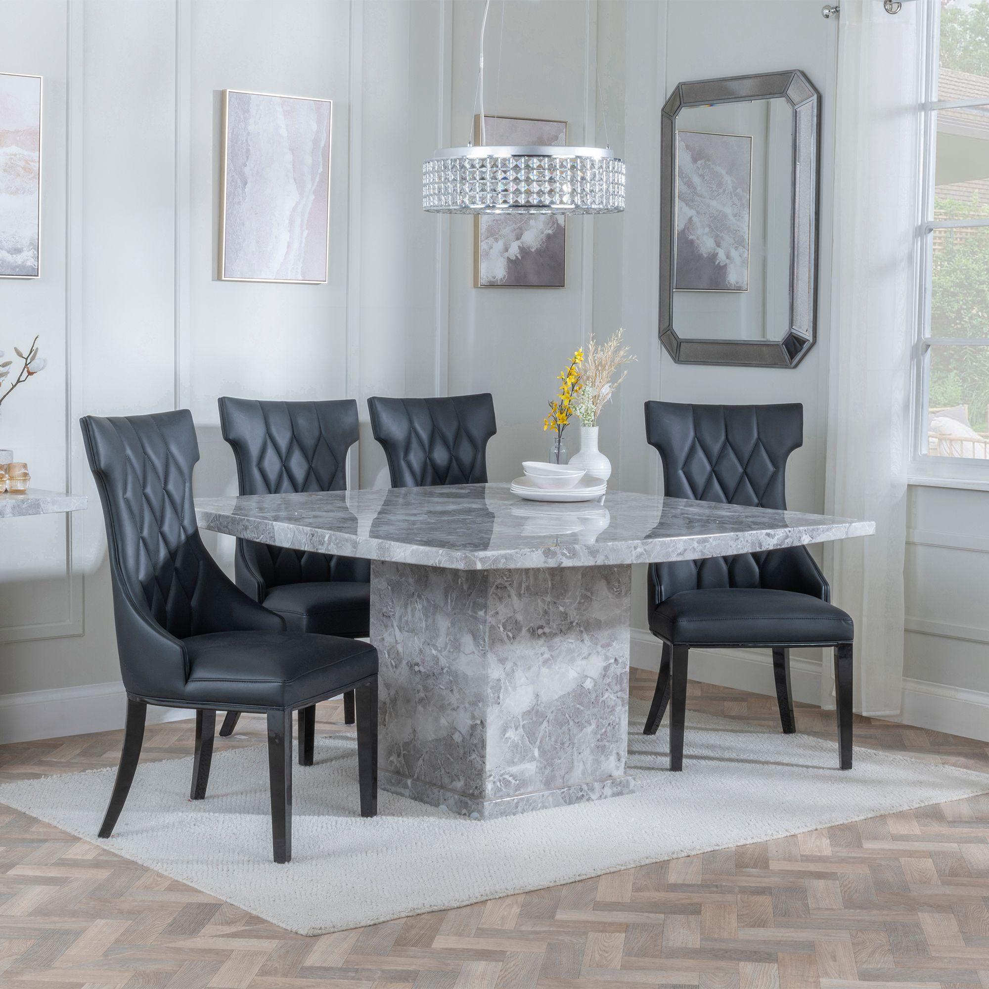 Turin Dining Set - 8 Seater - 140cm - Square - Grey Marble - Mimi Dining Chairs - Black Leather